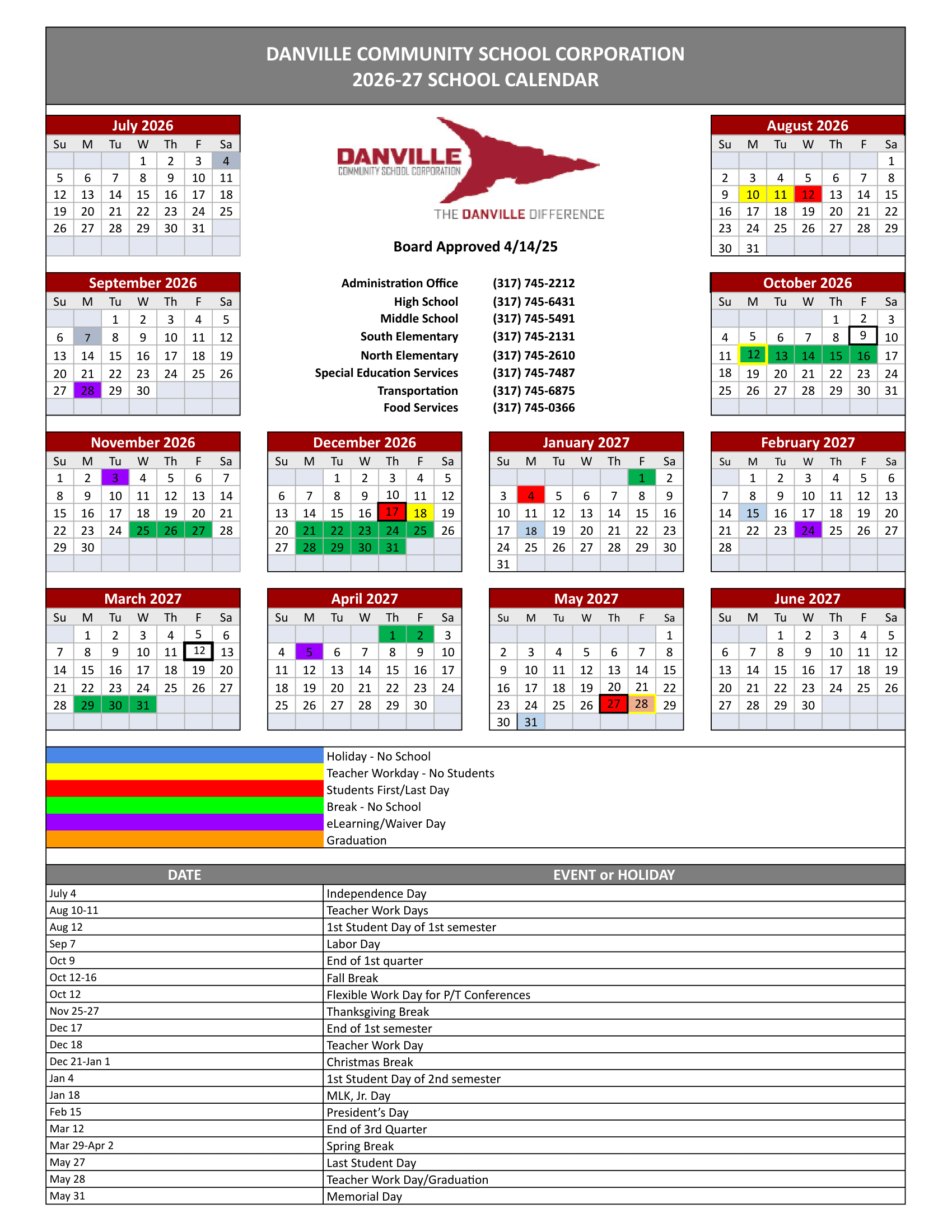Danville Community School Corporation Calendar 26-27 Revised