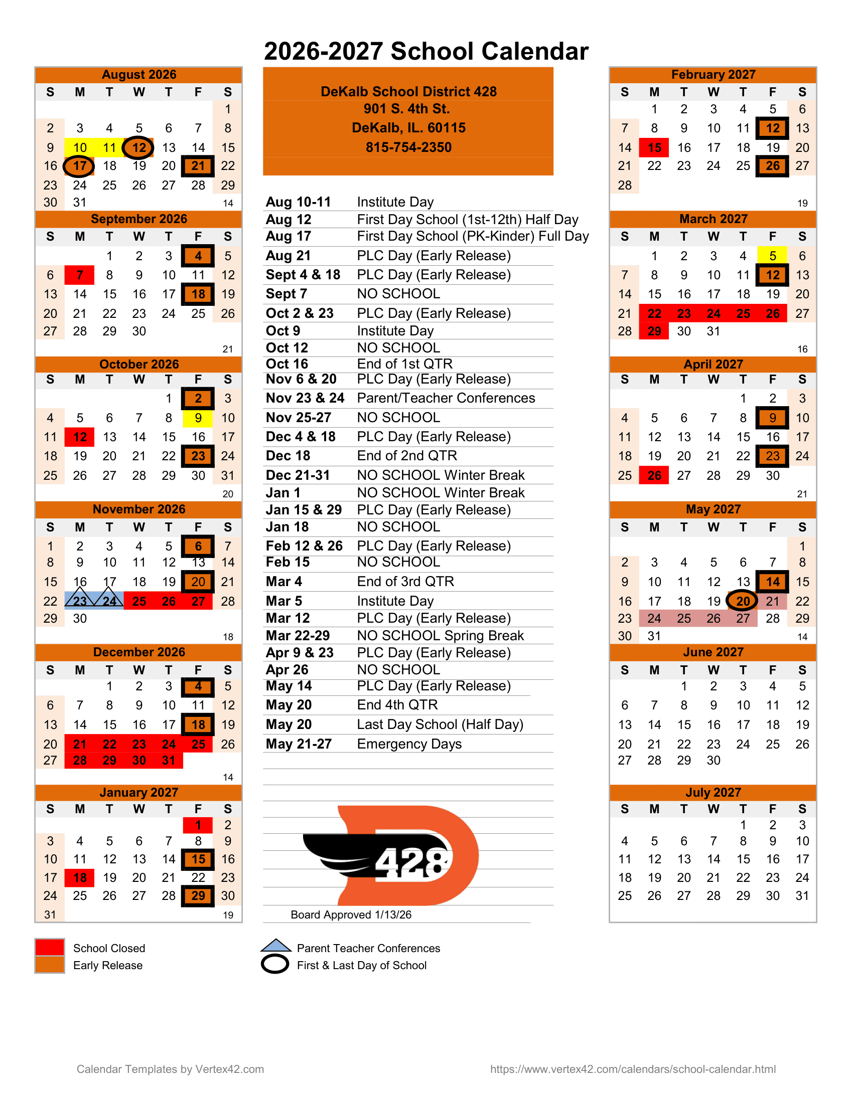 DeKalb School District 428 Calendar 26-27 Revised