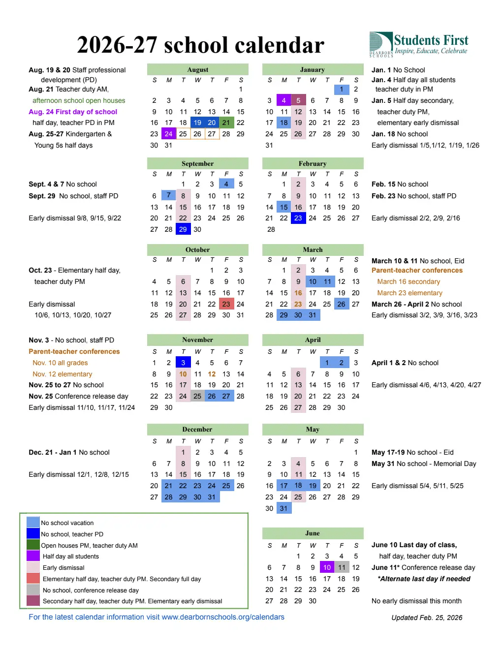 Dearborn Schools Calendar 26-27 Revised