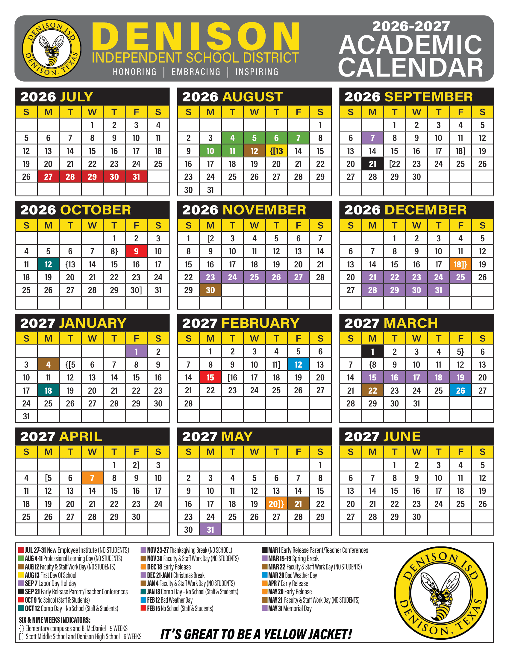 Denison Independent School District Calendar 26-27 Revised PDF