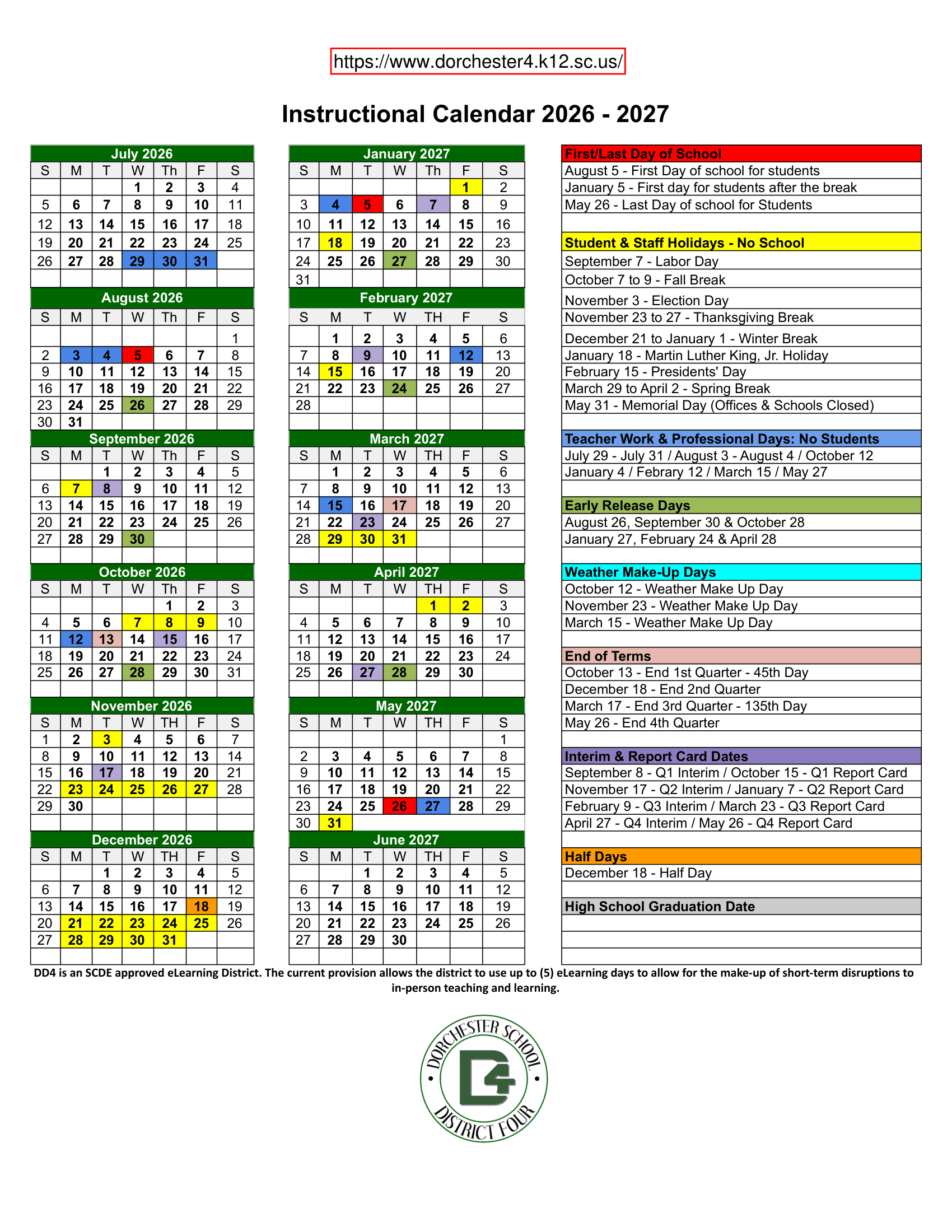 Dorchester School District Four Calendar 26-27 Revised