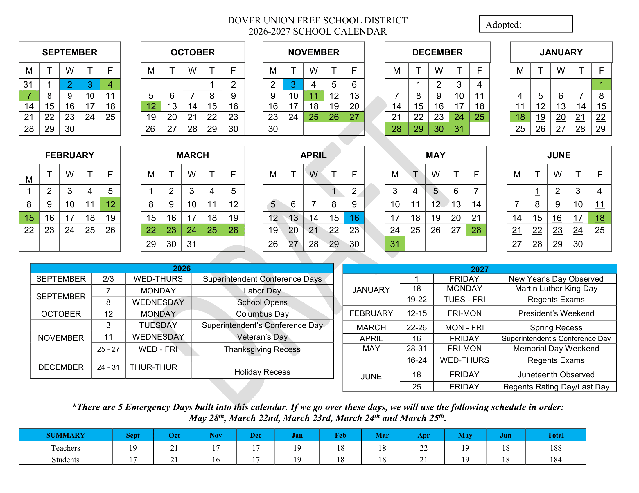 Dover Union Free School District Calendar 26-27 Revised