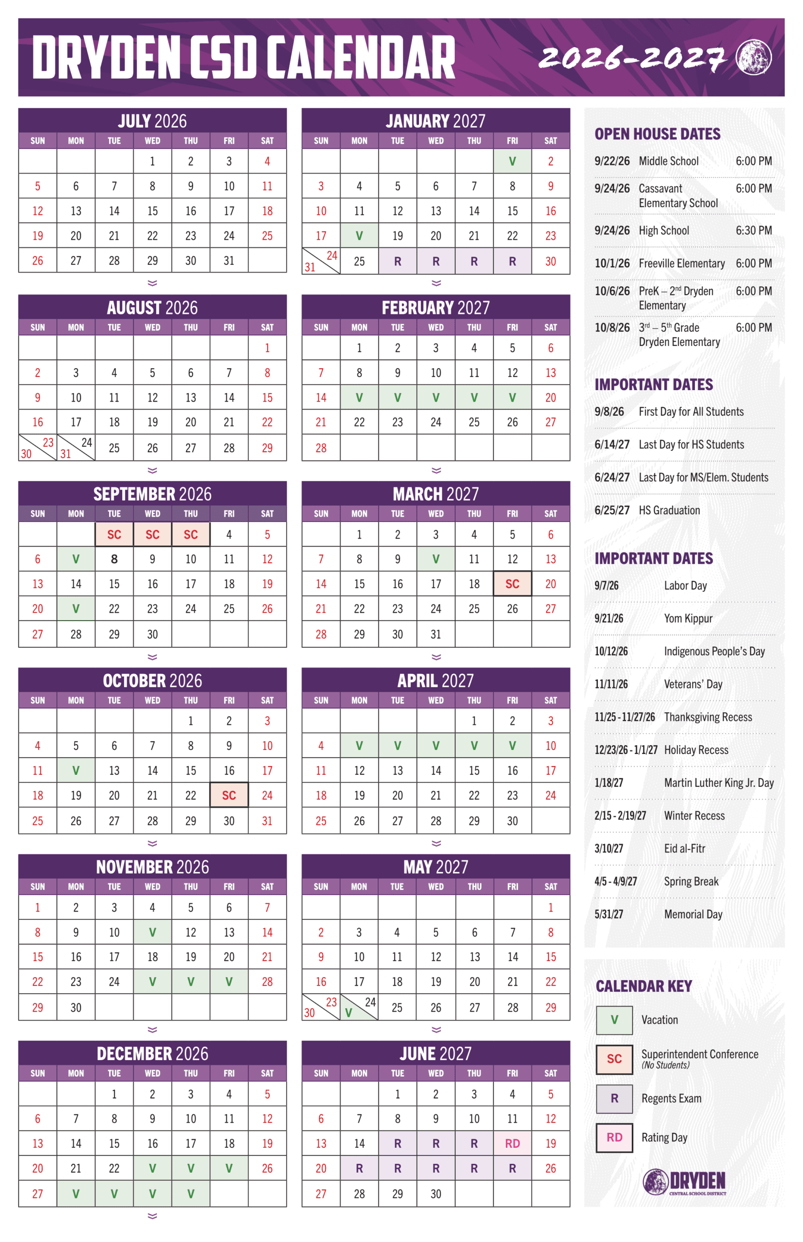Dryden Central School District Calendar 26-27 Revised