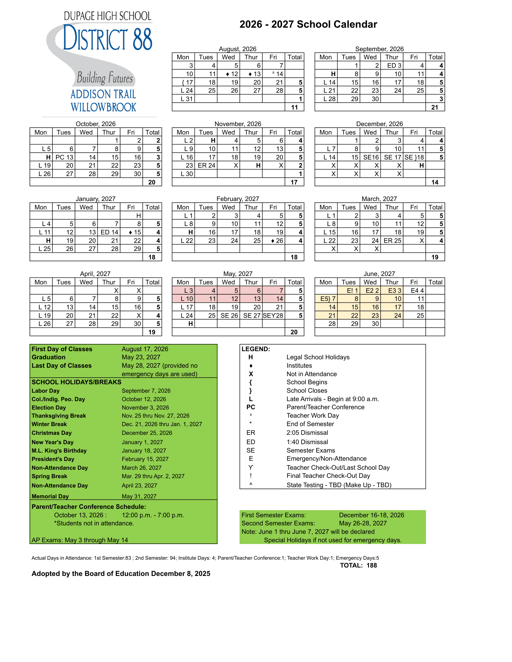 DuPage High School District 88 Calendar 26-27 Revised