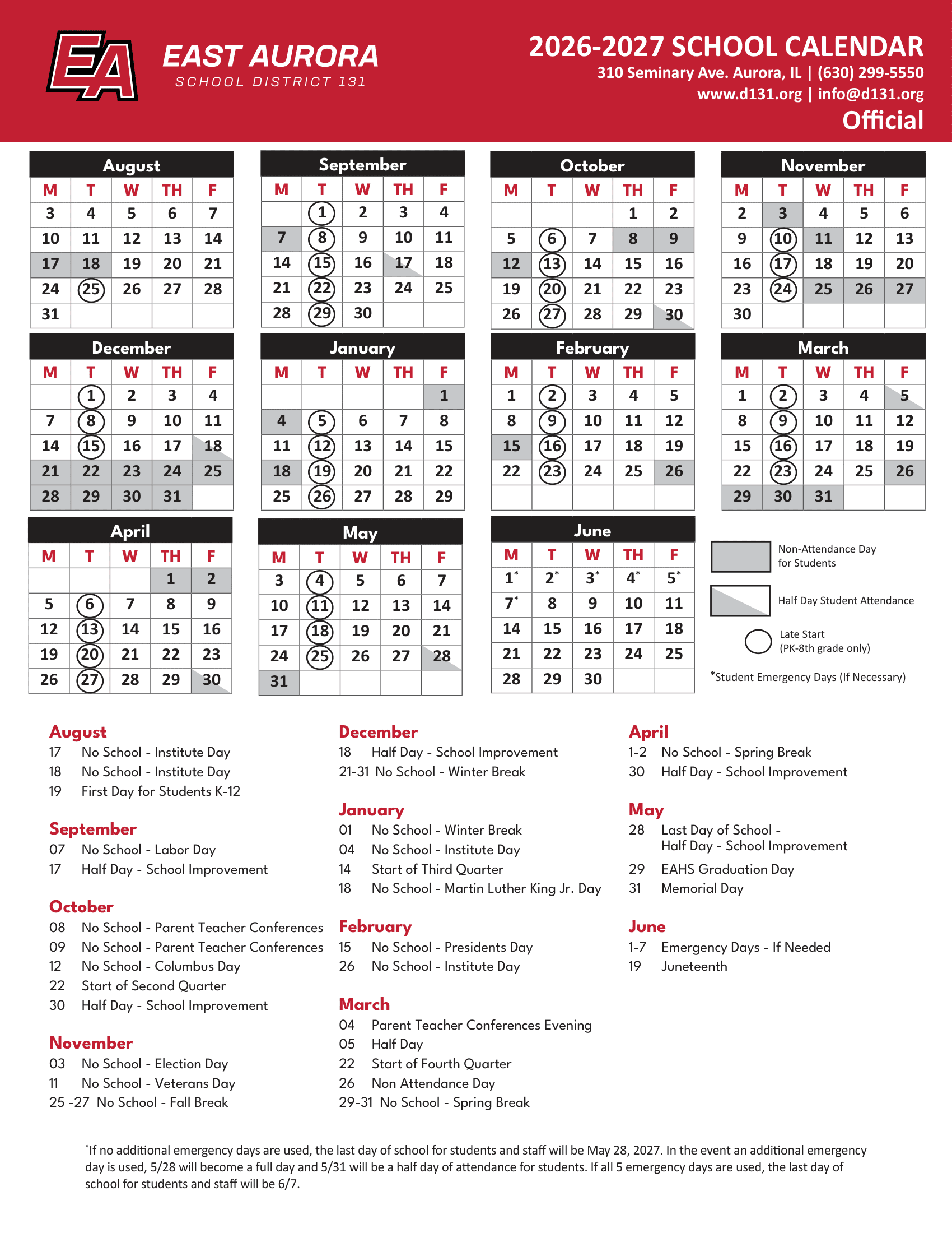 East Aurora School District 131 Calendar 26-27 Revised
