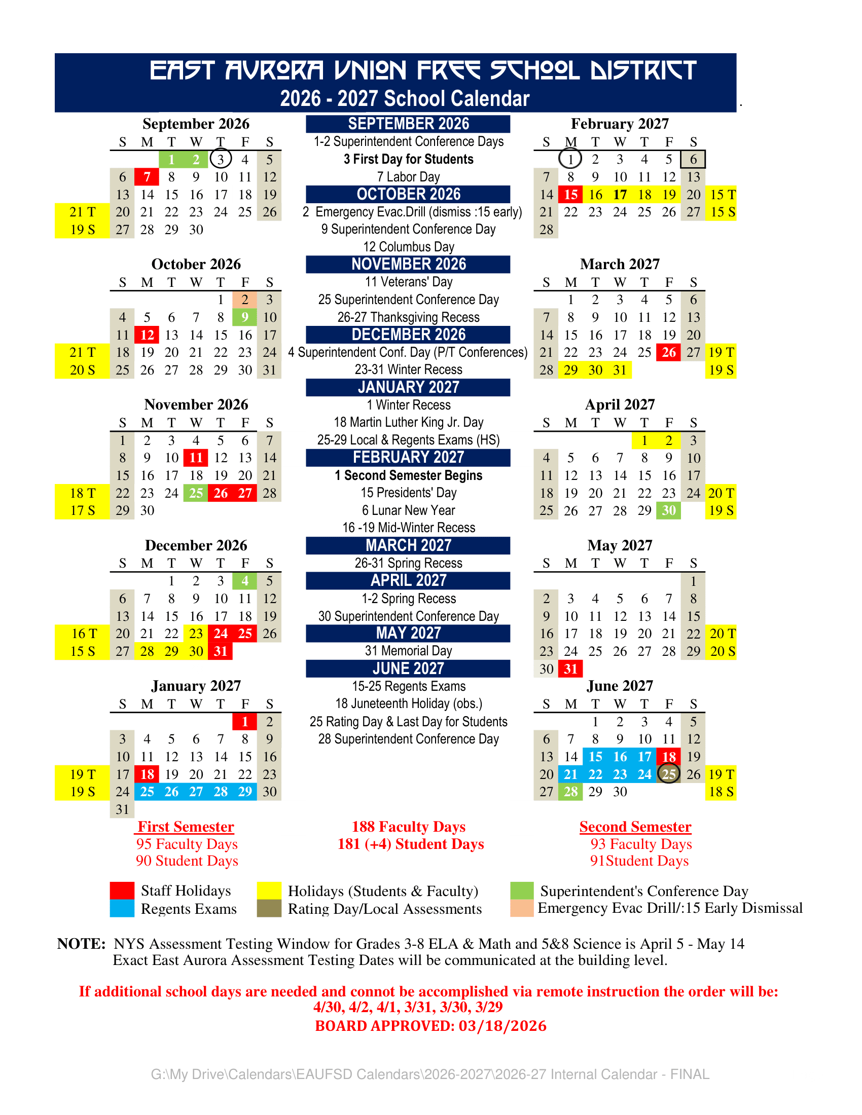 East Aurora Union Free School District Calendar 26-27 Revised