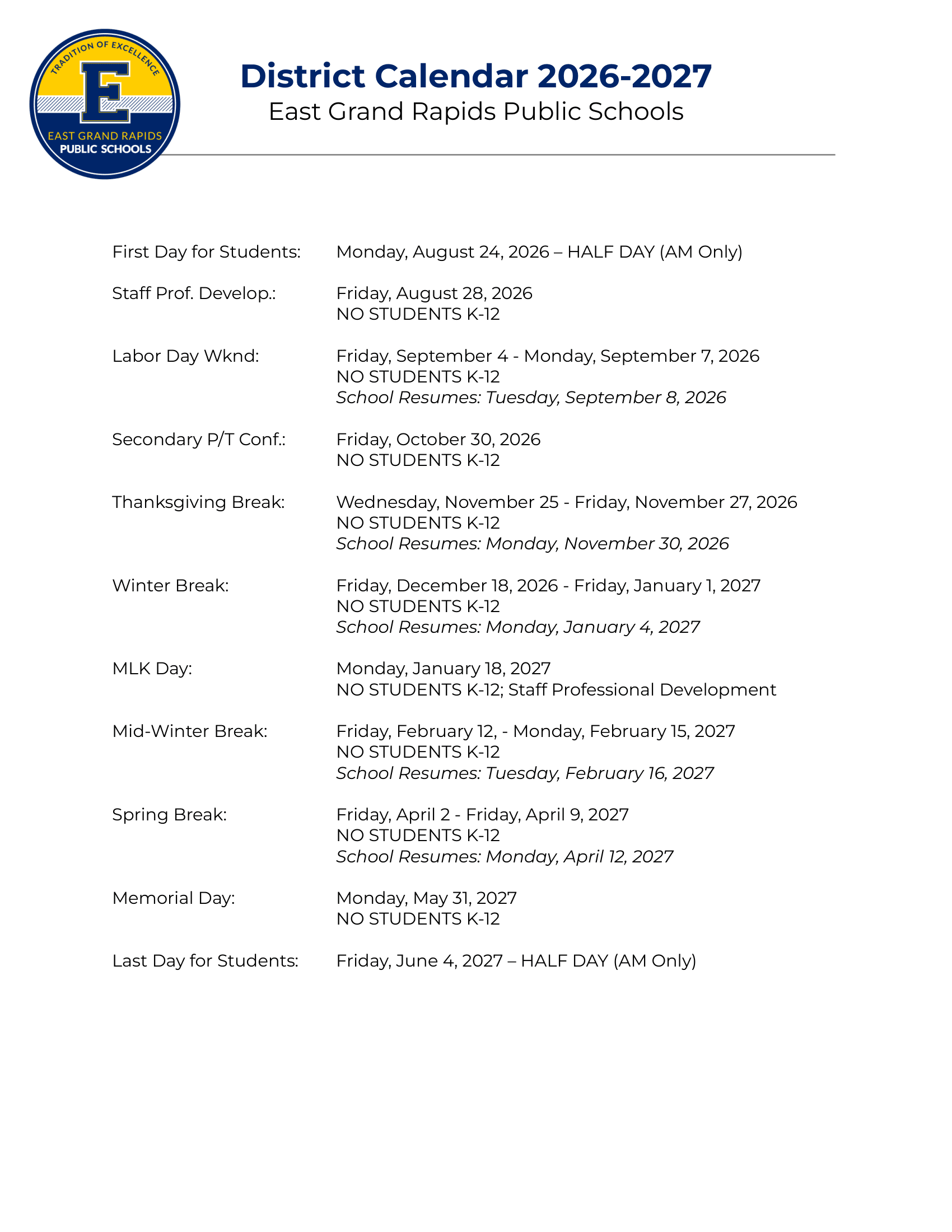 East Grand Rapids Public Schools Calendar 26-27 Revised