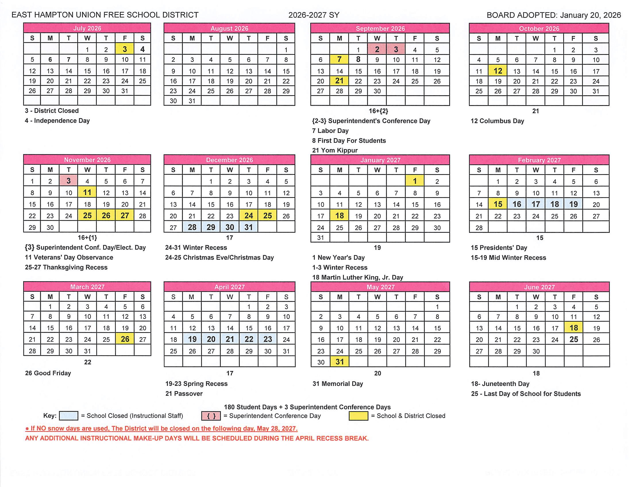 East Hampton Union Free School District Calendar 26-27 Revised
