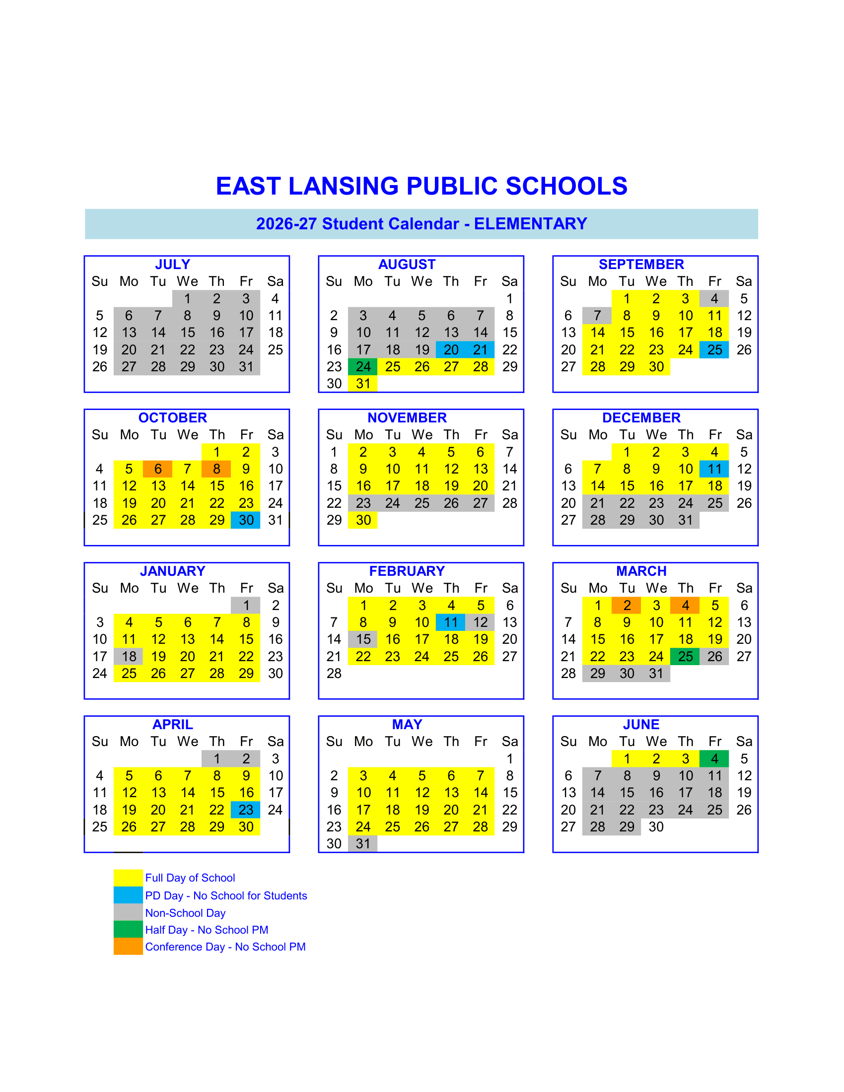 East Lansing Public Schools Calendar 26-27 Revised