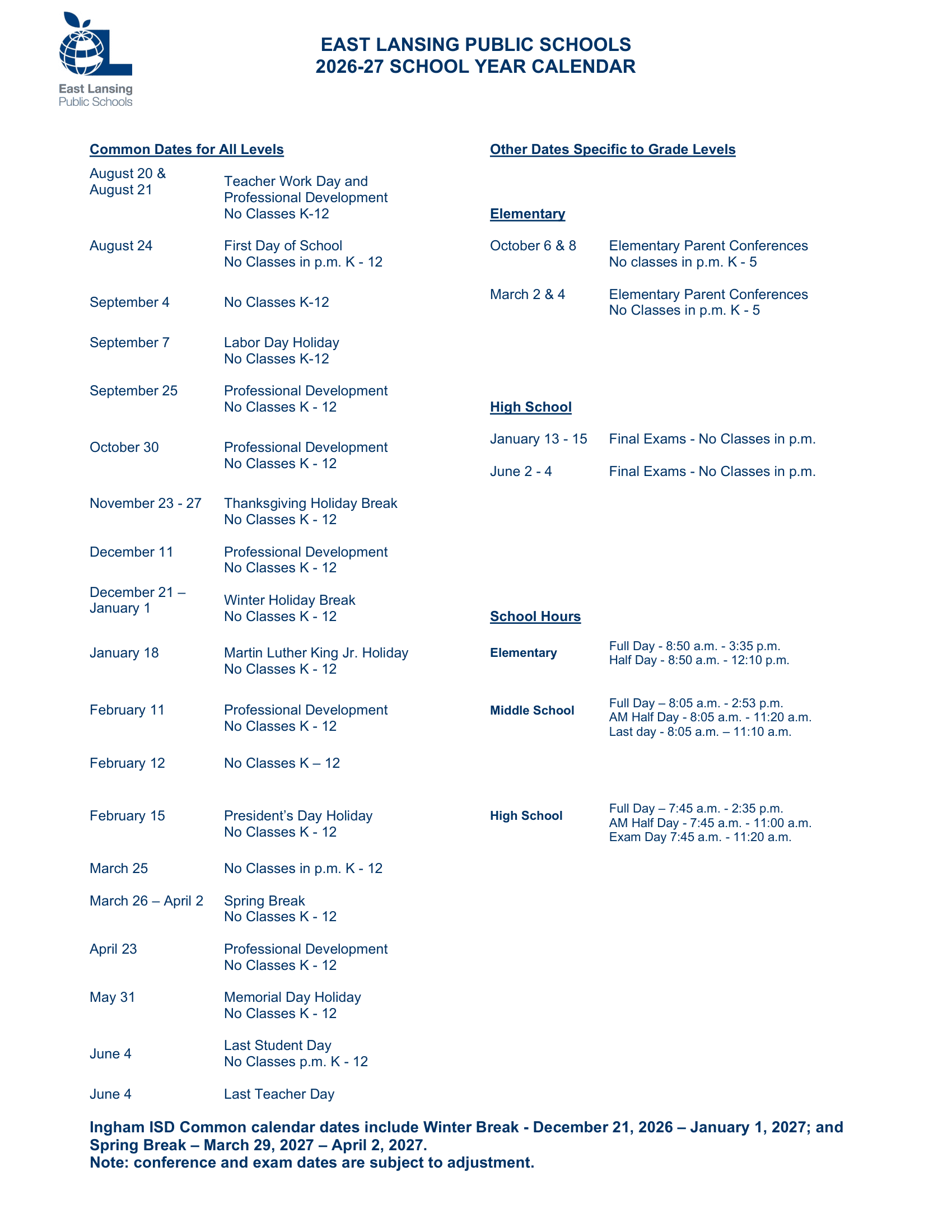 East Lansing Public Schools Calendar 26-27 Revised