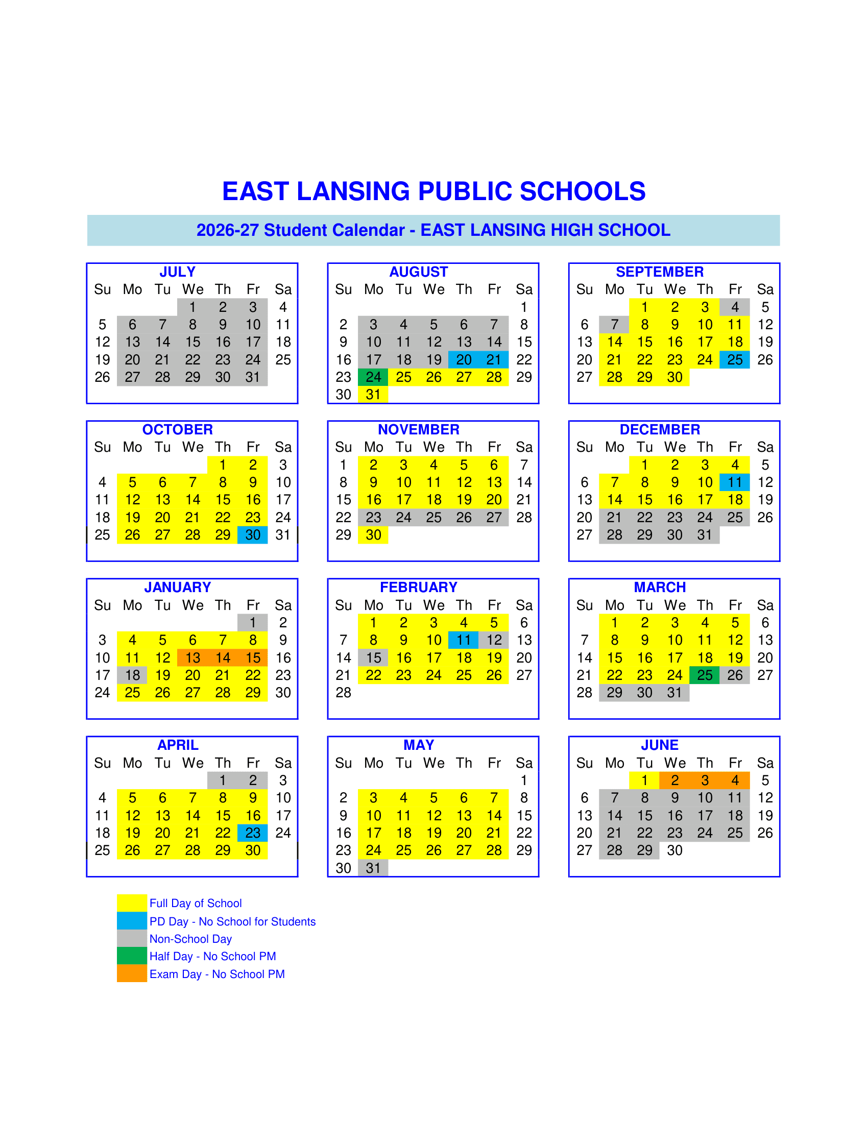 East Lansing Public Schools Calendar 26-27 Revised