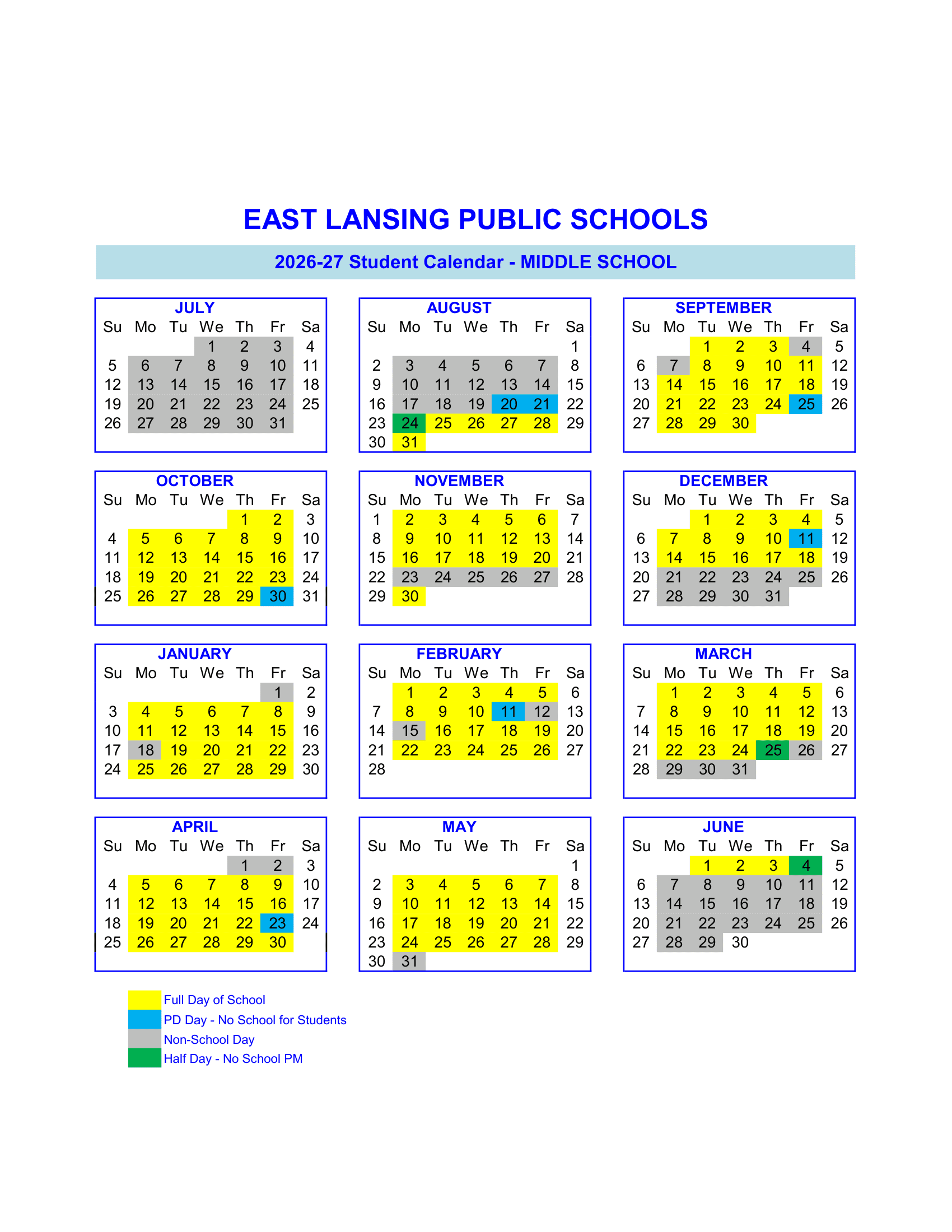 East Lansing Public Schools Calendar 26-27 Revised