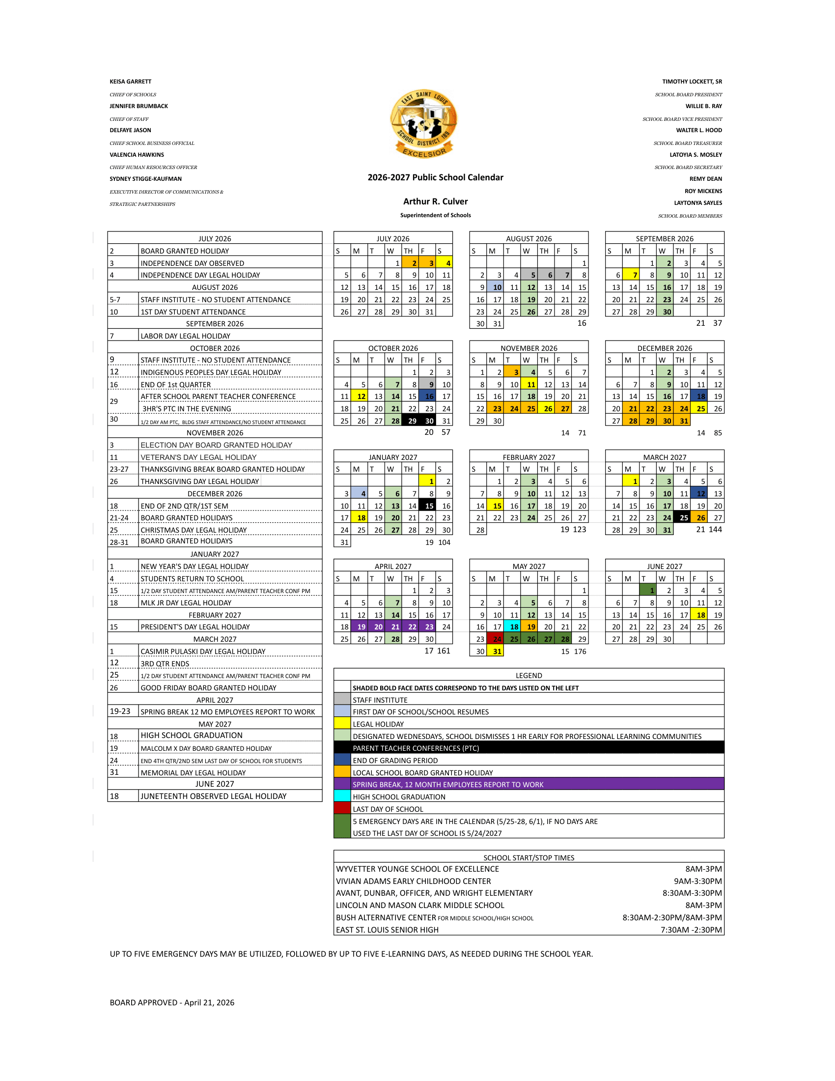 East St. Louis School District 189 Calendar 26-27 Revised