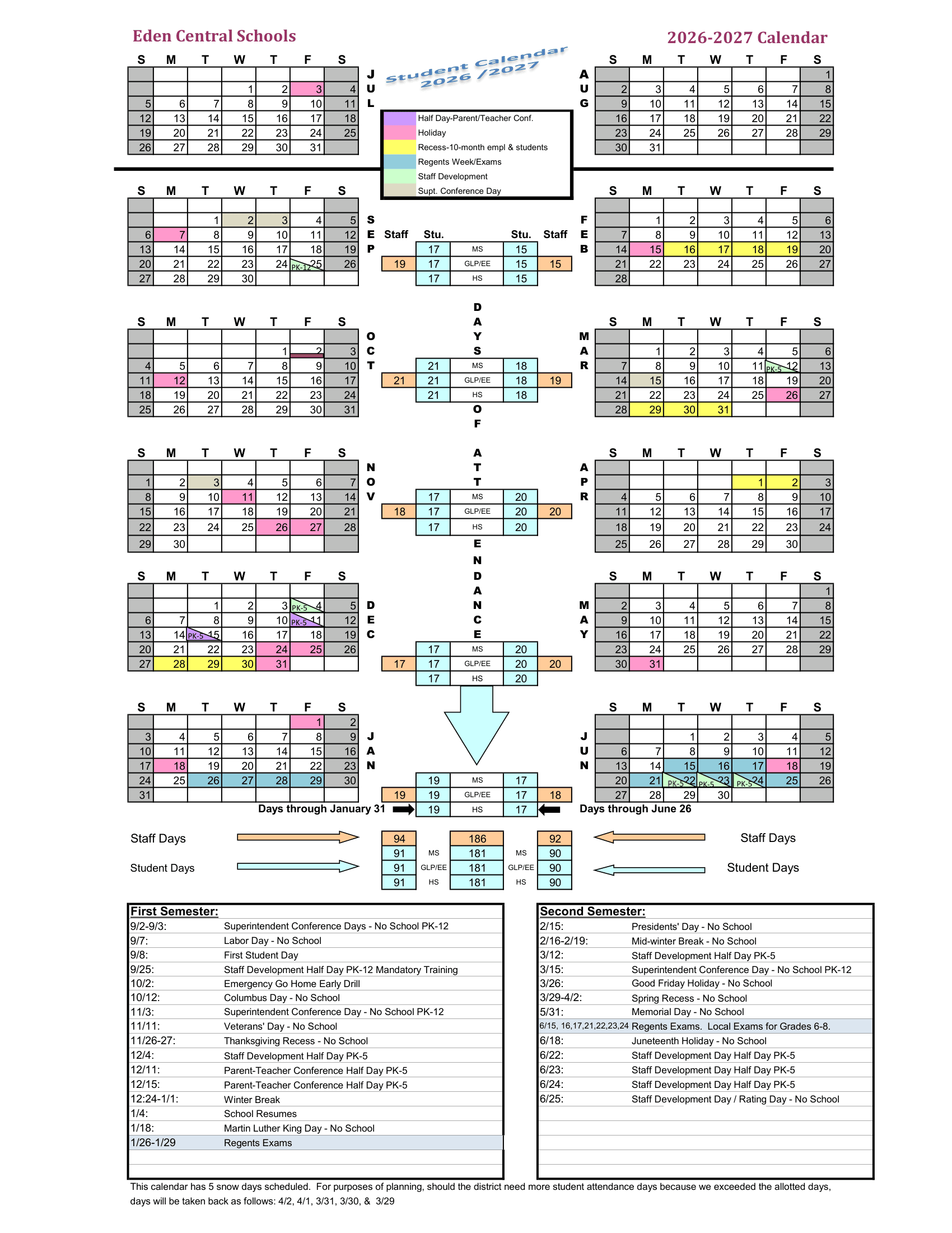 Eden Central Schools Calendar 26-27 Revised
