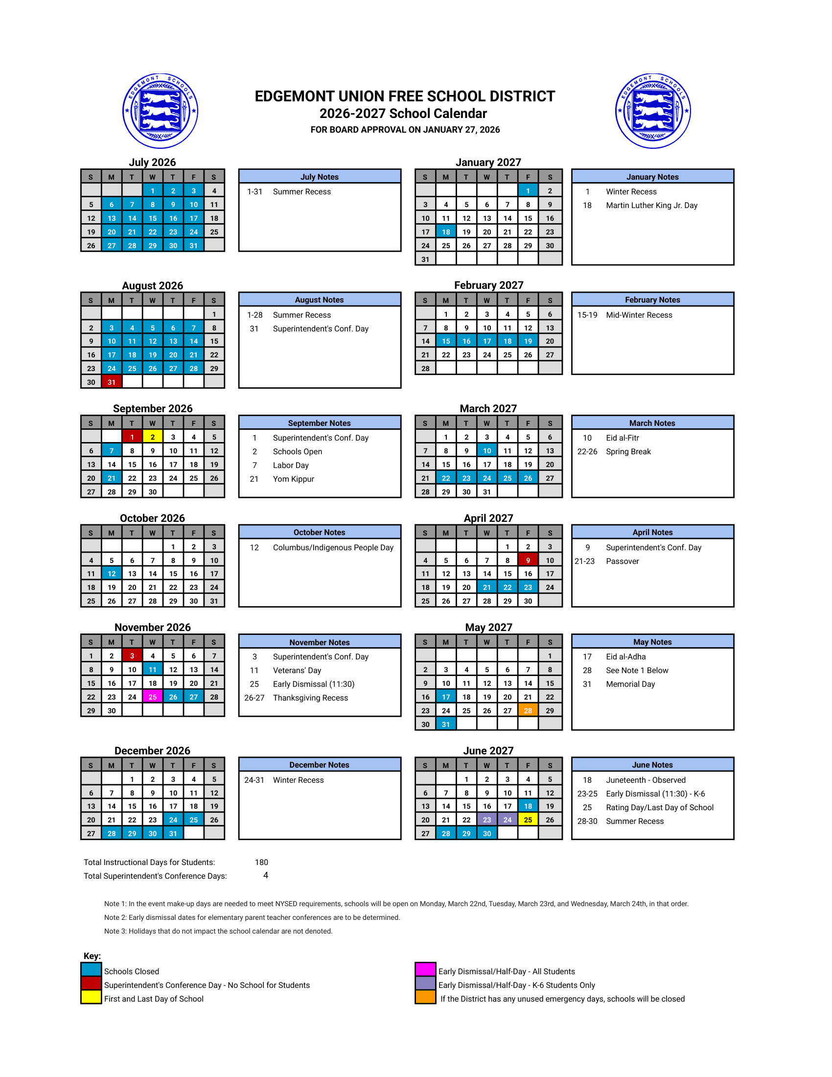 Edgemont Union Free School District Calendar 26-27 Revised