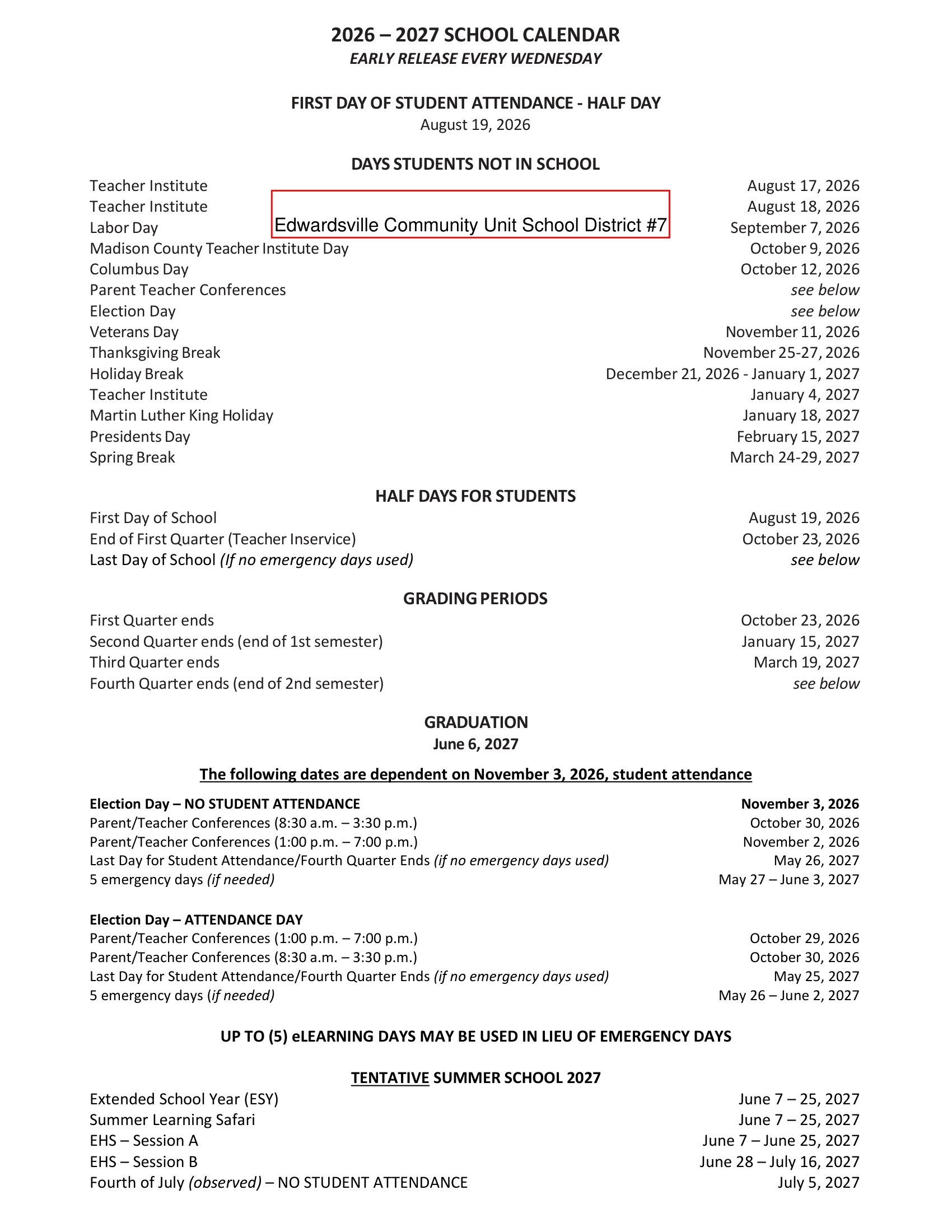Edwardsville CUSD #7 Calendar 26-27 Revised