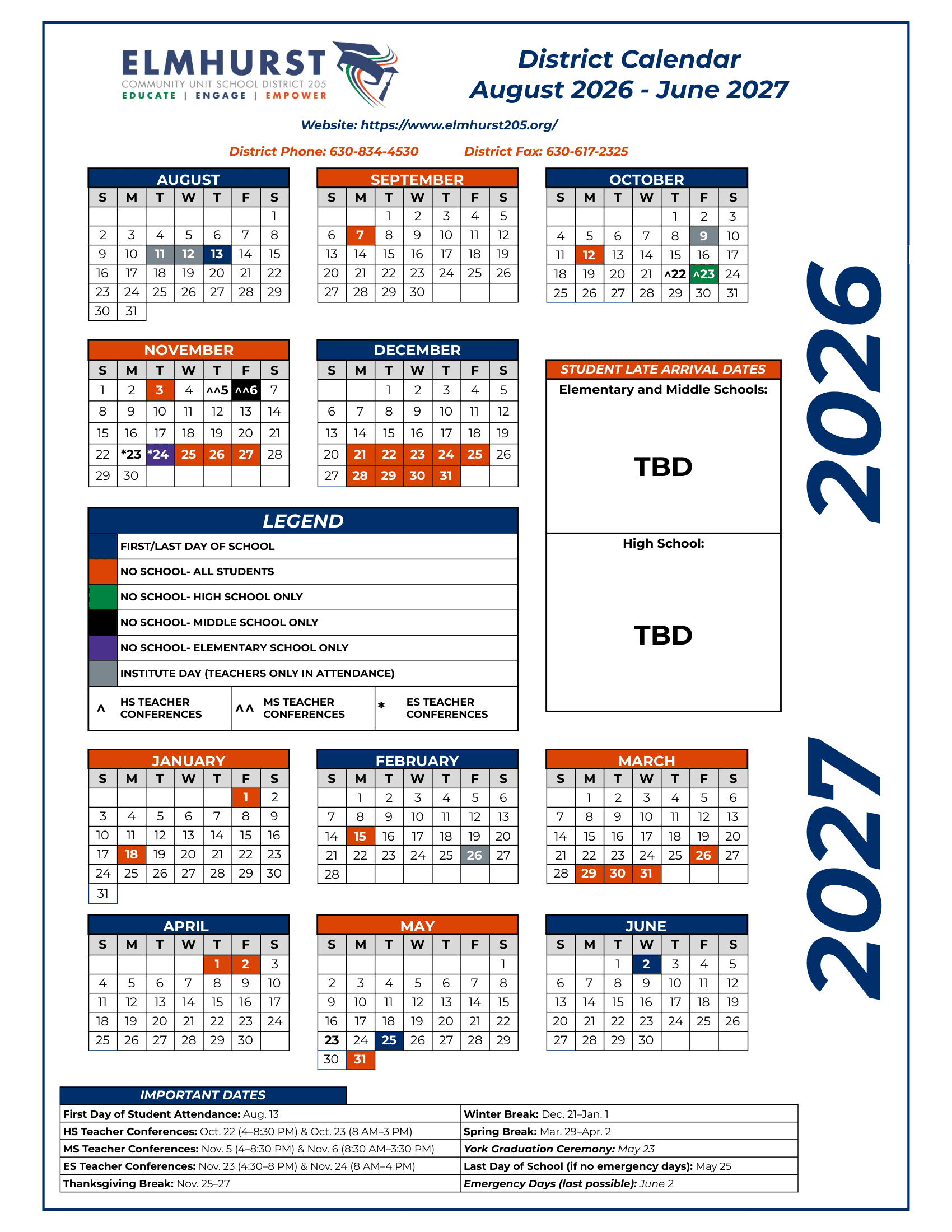 Elmhurst CUSD 205 Calendar 26-27 Revised