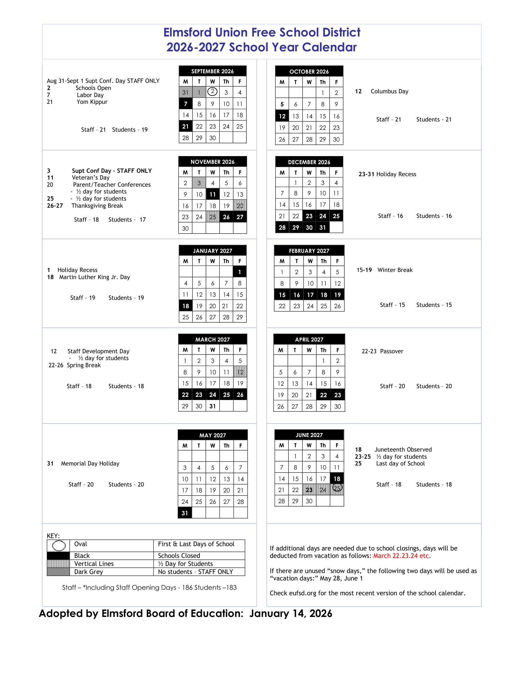 Elmsford Union Free School District Calendar 26-27 Revised