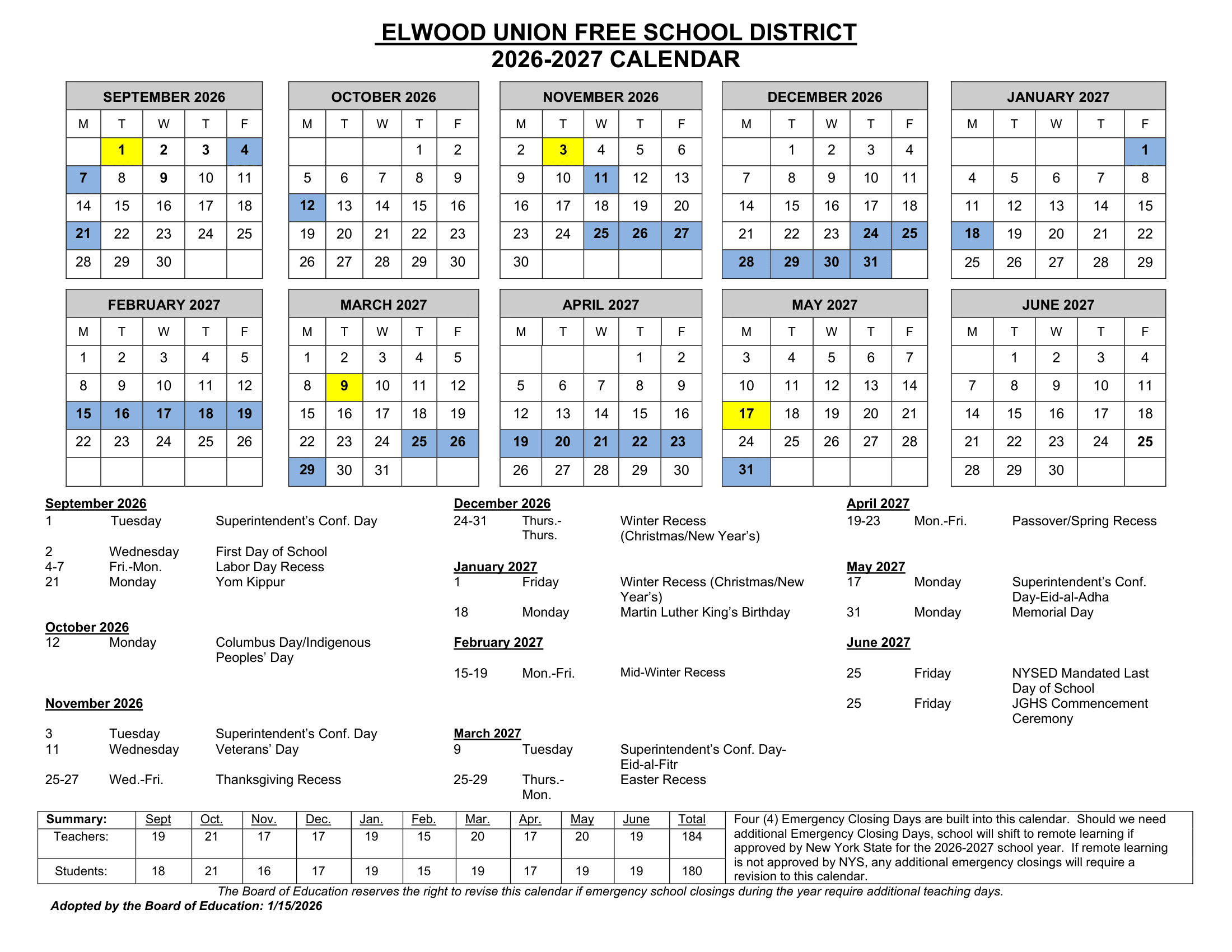 Elwood Union Free School District Calendar 26-27 Revised