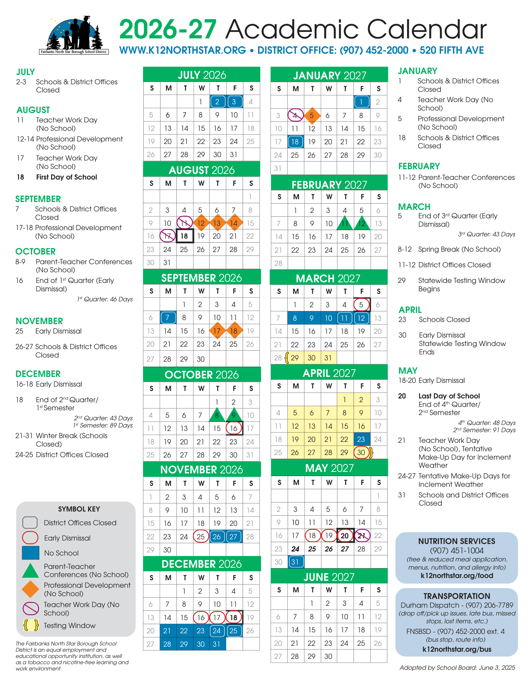 Fairbanks North Star Borough School District Calendar 26-27 Revised