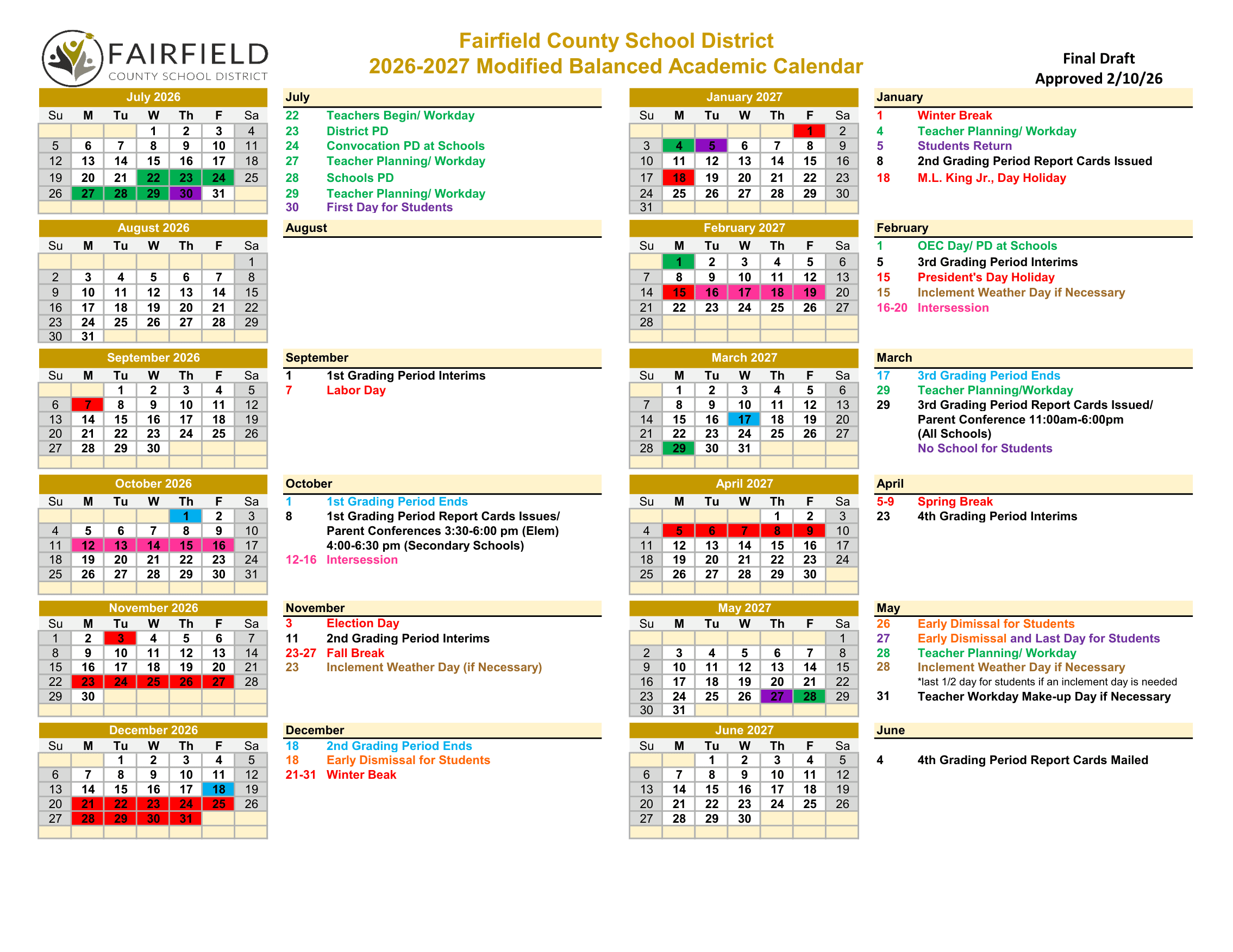 Fairfield County School District Calendar 26-27 Revised