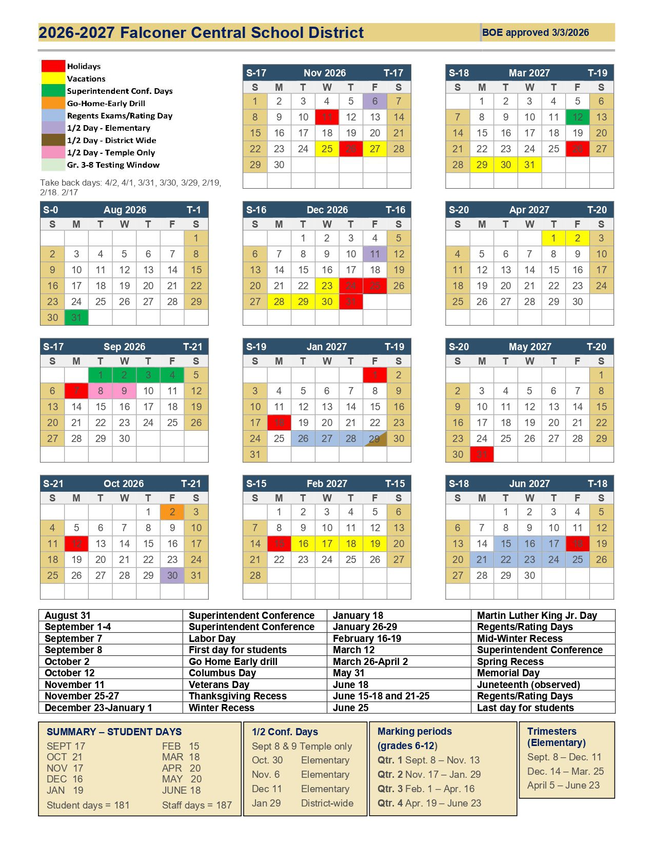 Falconer Central School District Calendar 26-27 Revised