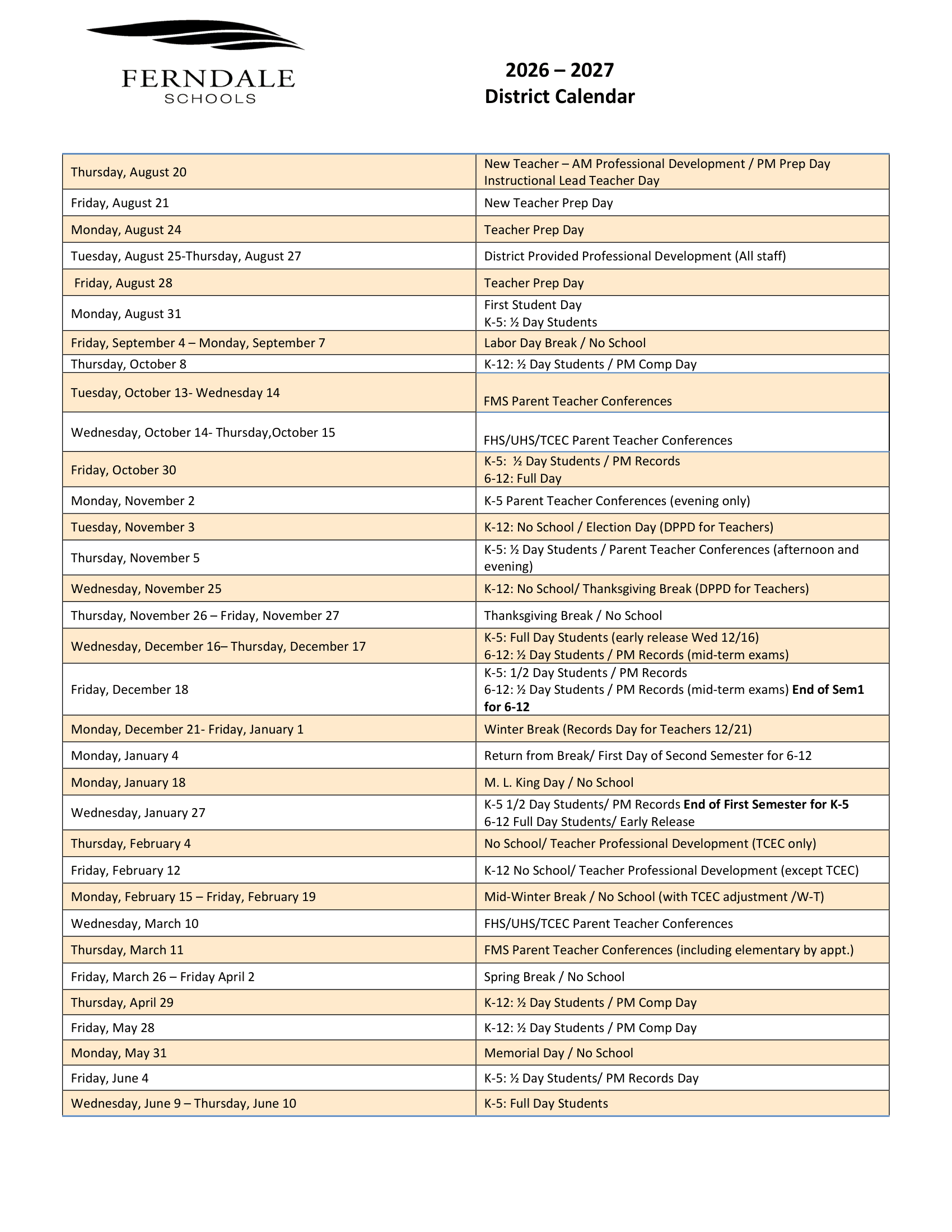 Ferndale Schools Calendar 26-27 Revised