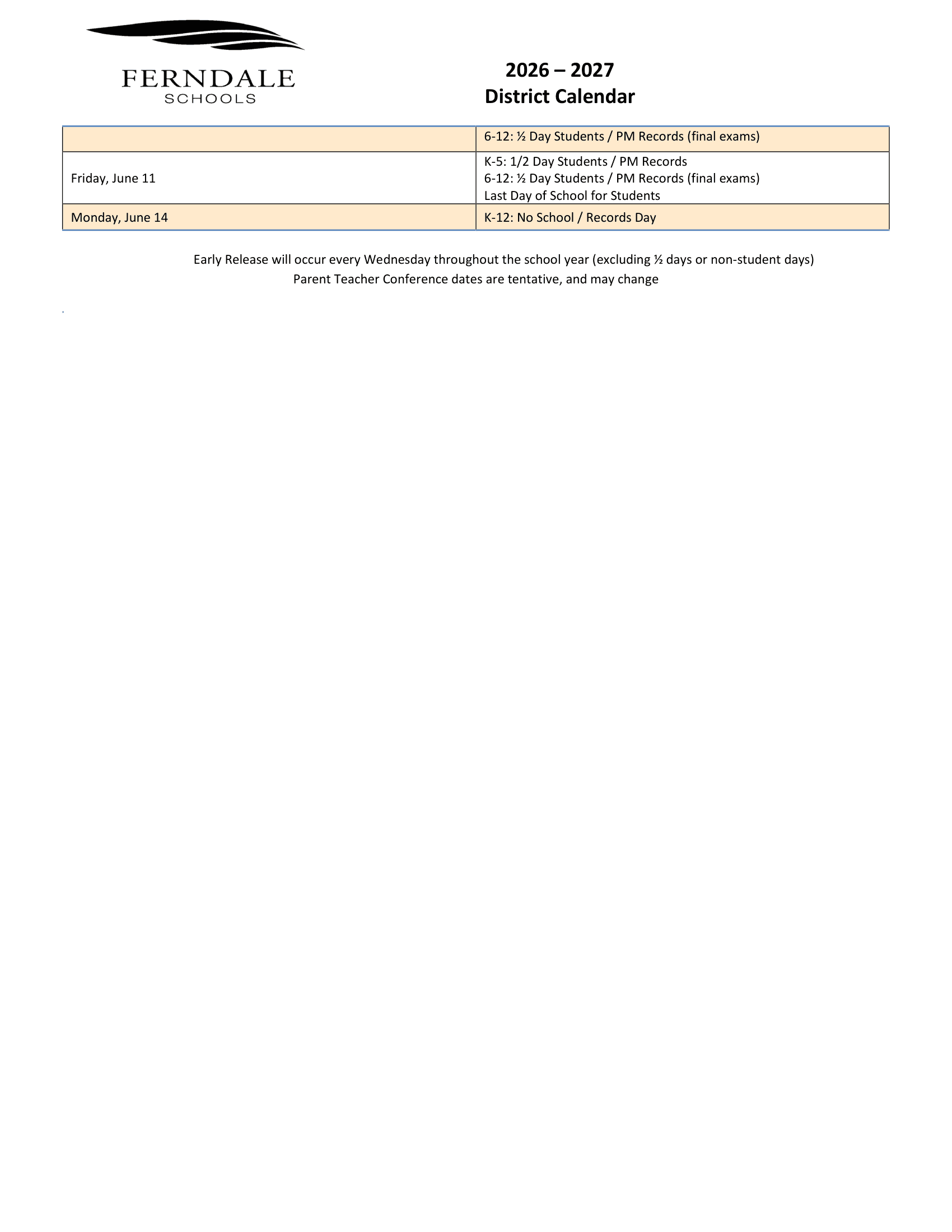 Ferndale Schools Calendar 26-27 Revised