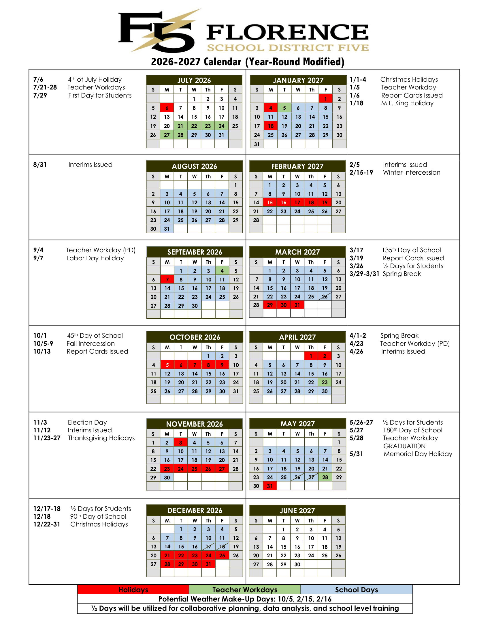 Florence School District Five Calendar 26-27 Revised