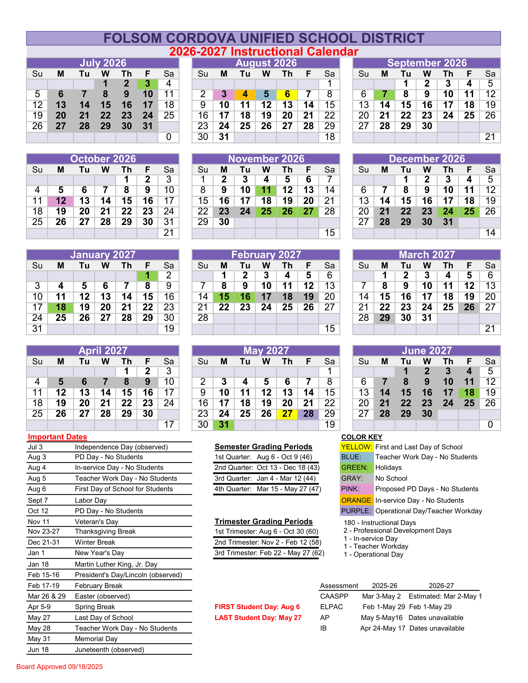 Folsom Cordova Unified School District Calendar 26-27 Revised