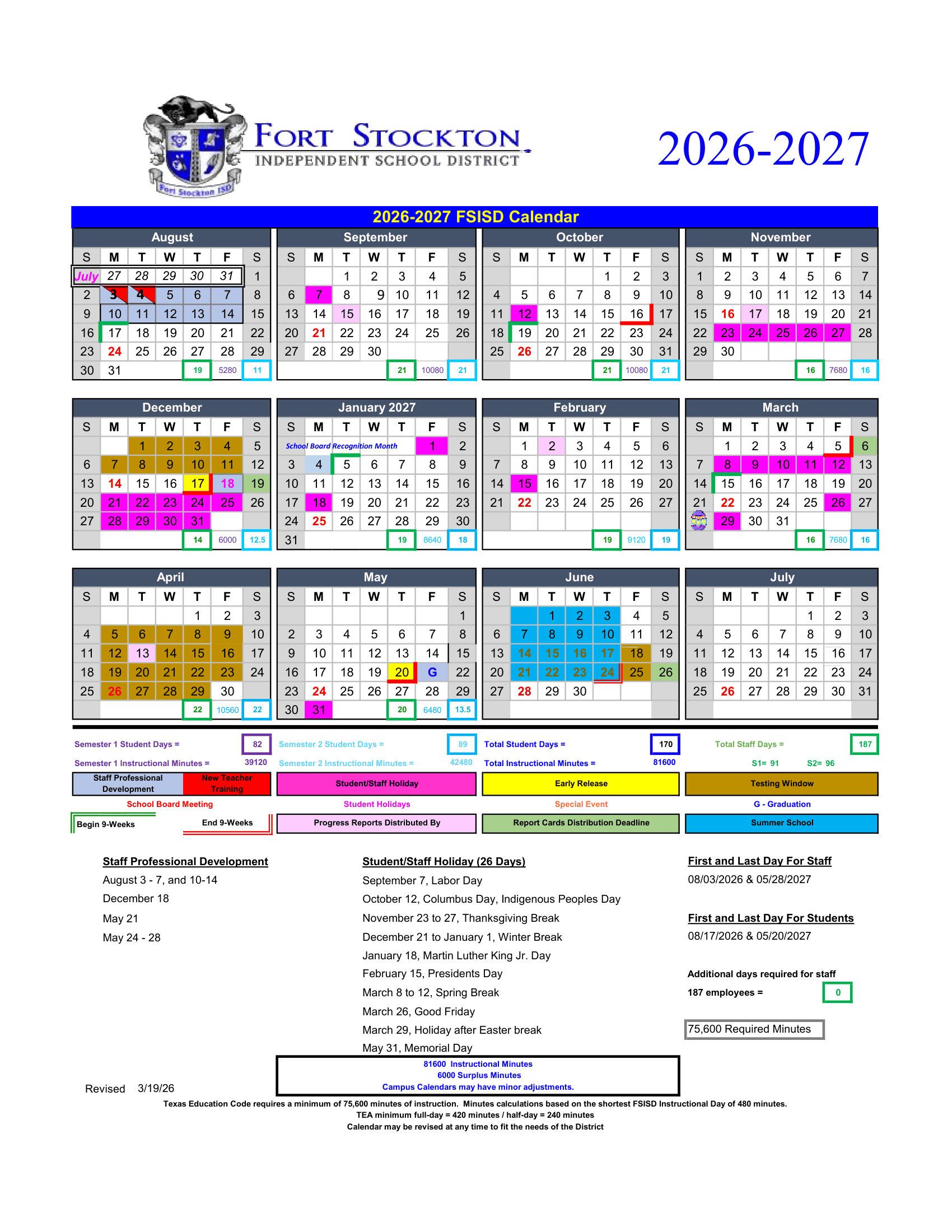 Fort Stockton Independent School District Calendar 26-27 Revised PDF