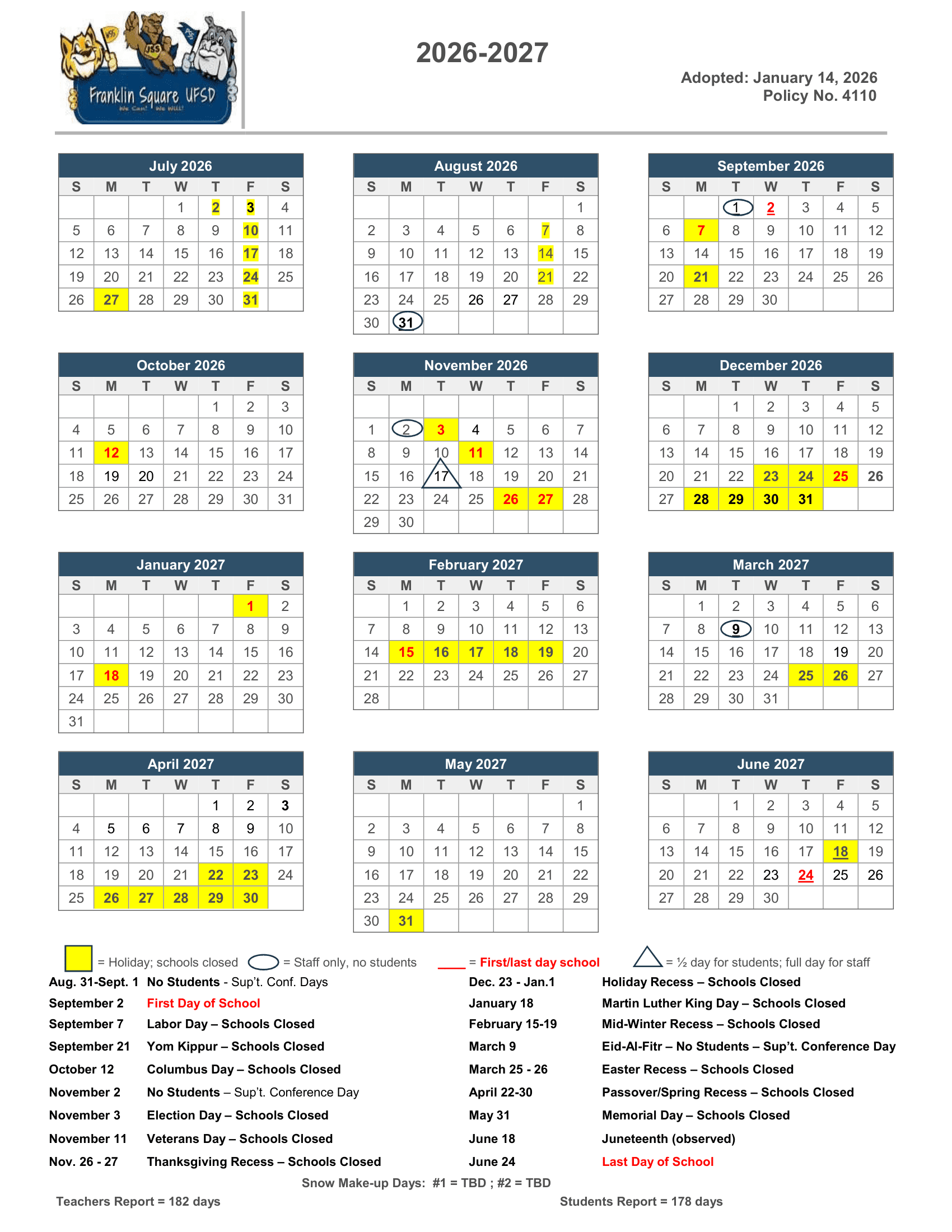 Franklin Square UFSD Calendar 26-27 Revised