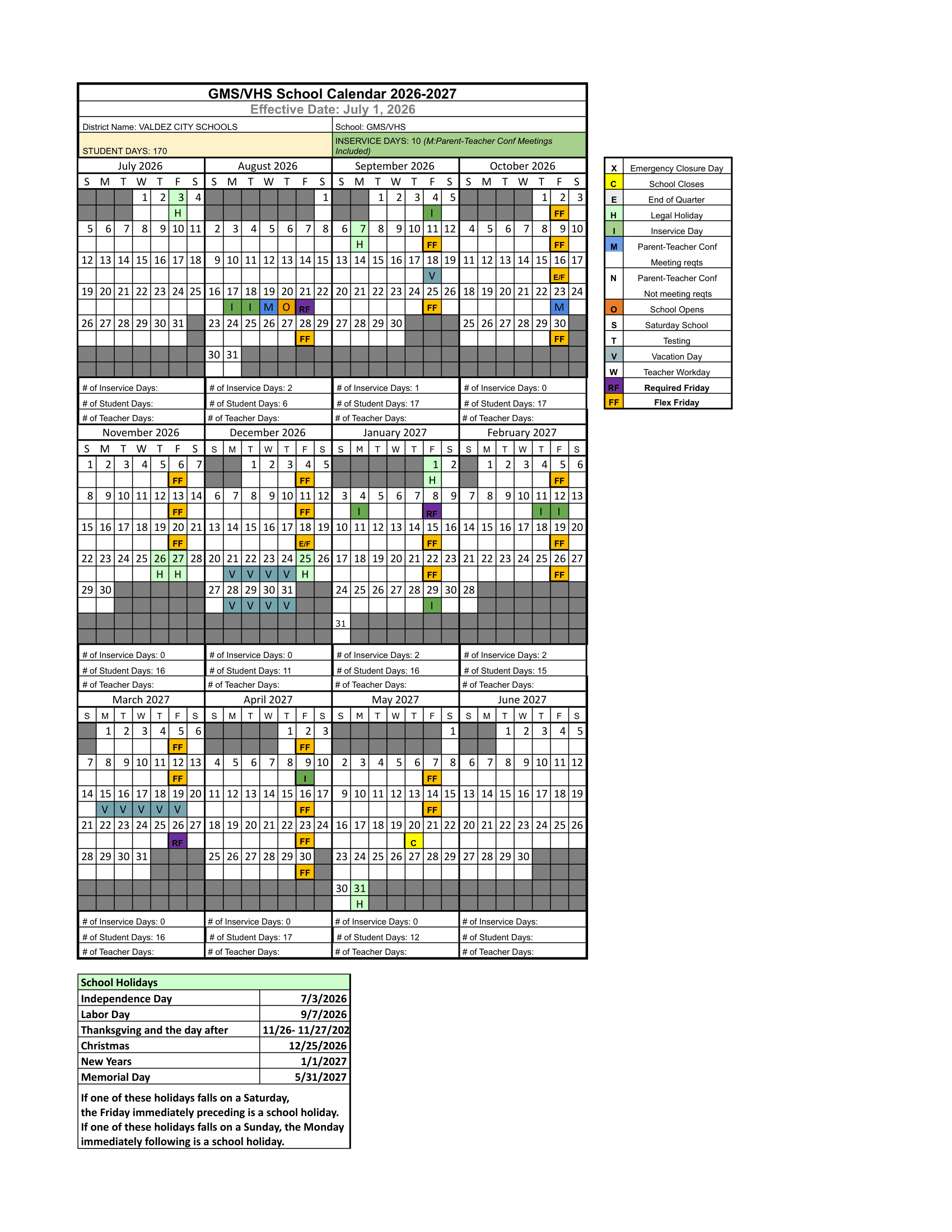 GMS/VHS School Calendar Calendar 26-27 Revised