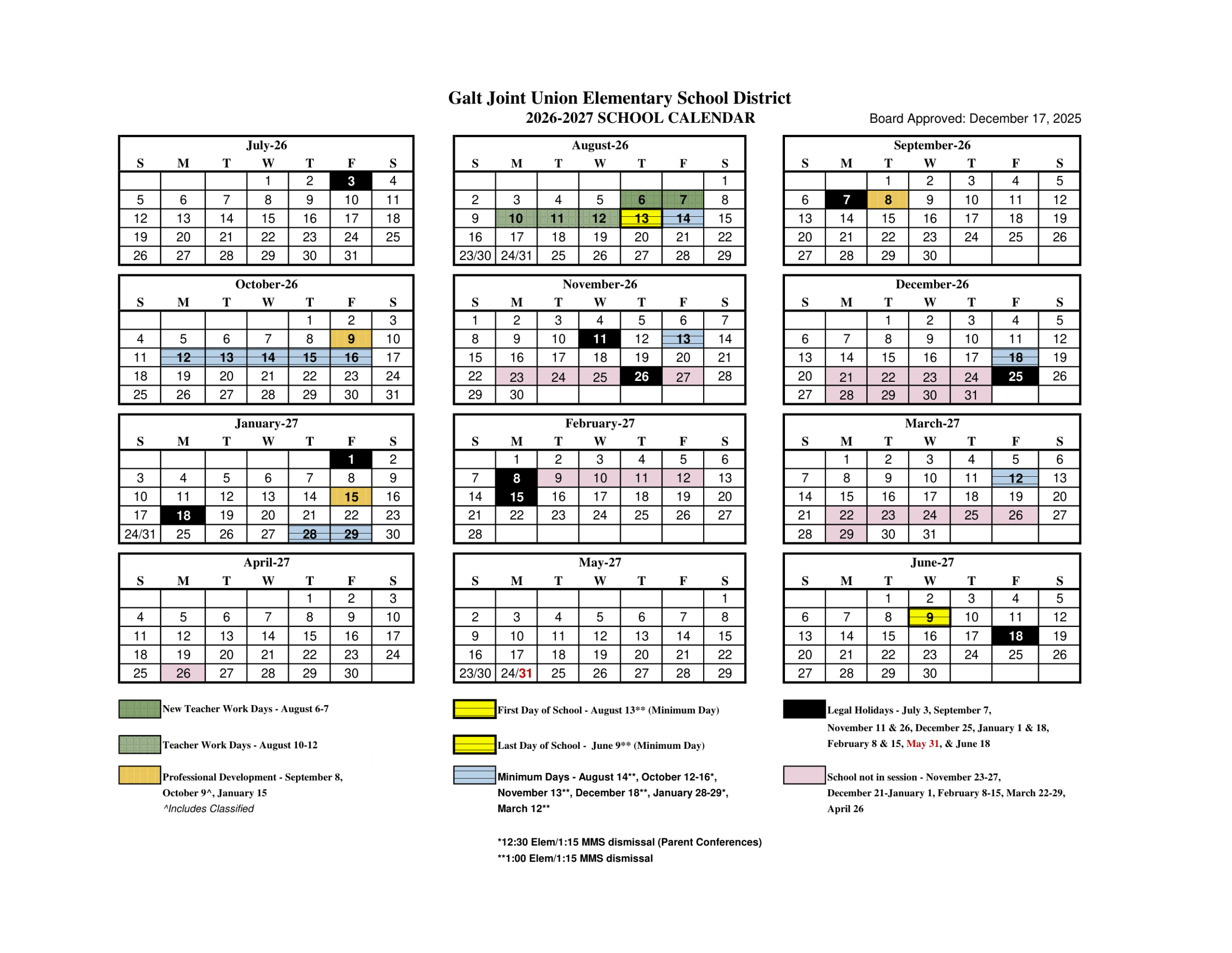 Galt Joint Union Elementary School District Calendar 26-27 Revised