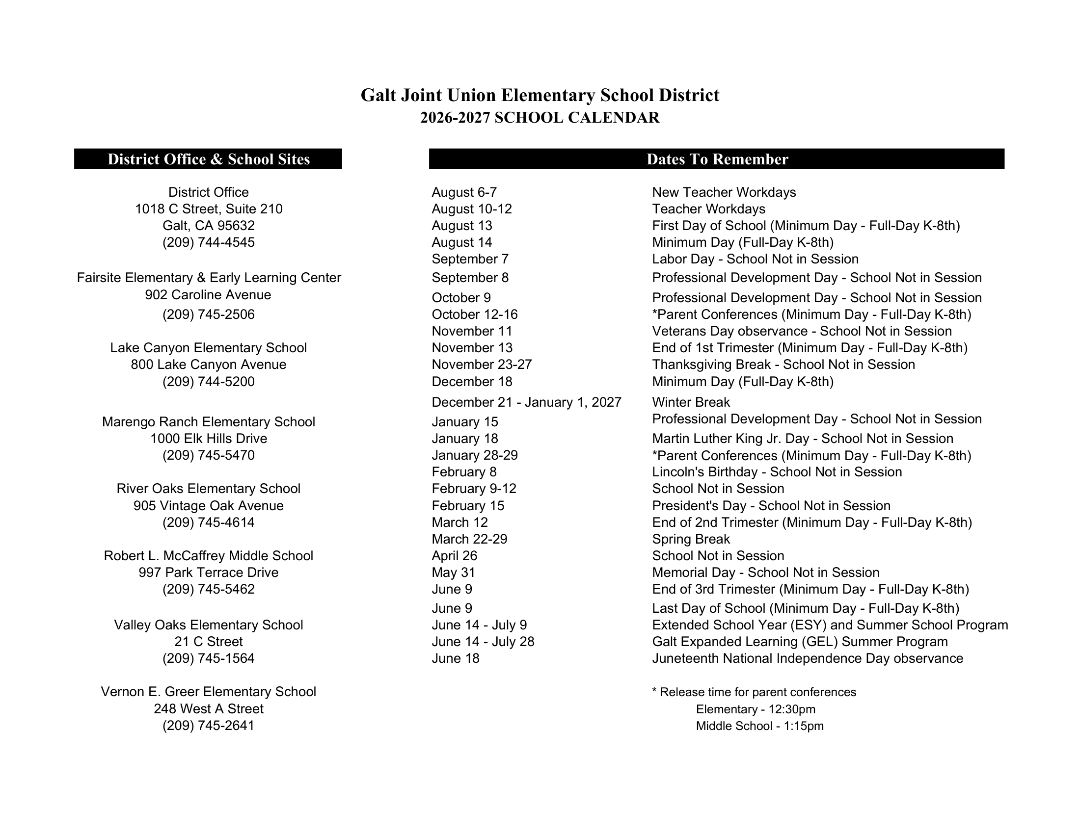 Galt Joint Union Elementary School District Calendar 26-27 Revised