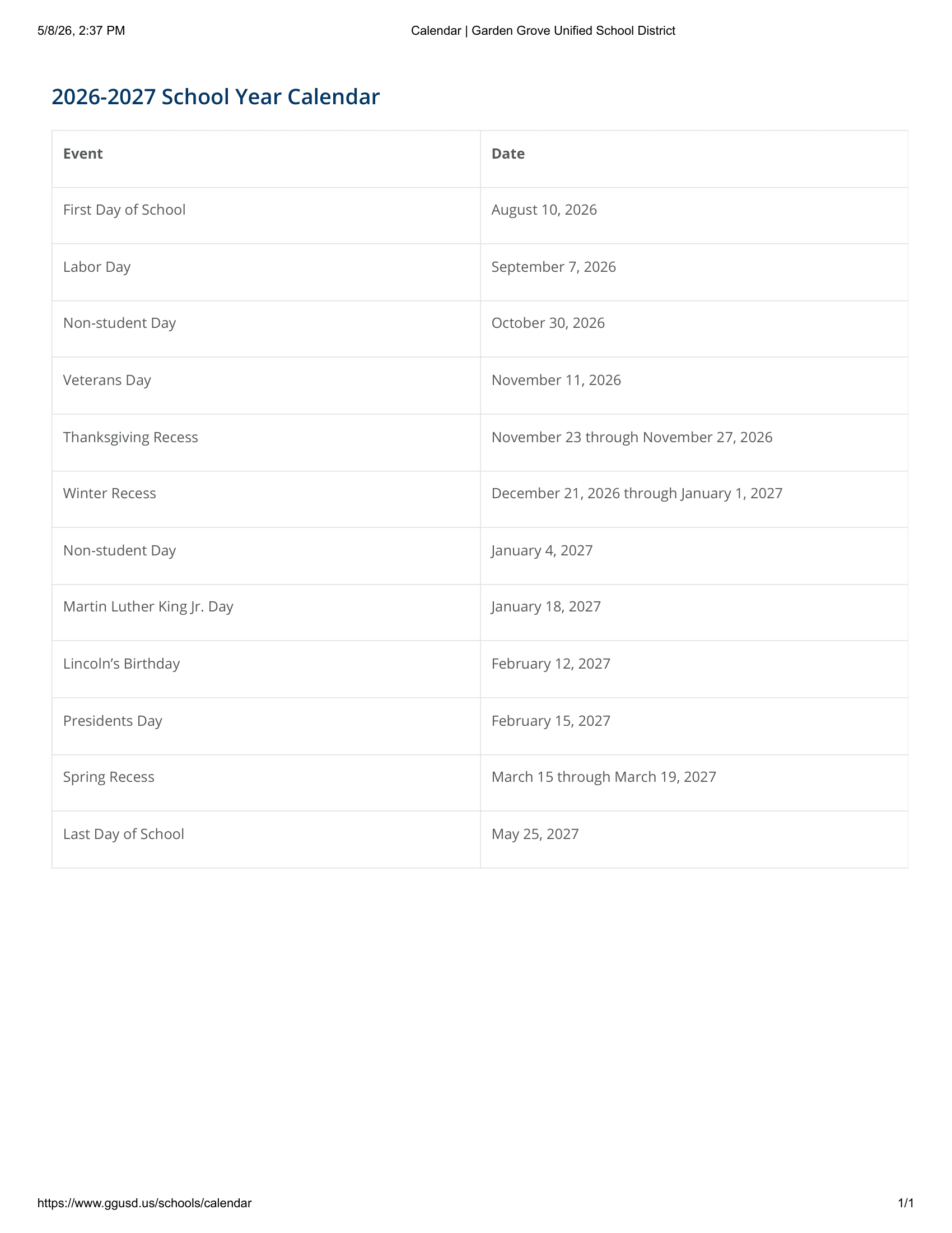 Garden Grove Unified School District Calendar 26-27 Revised