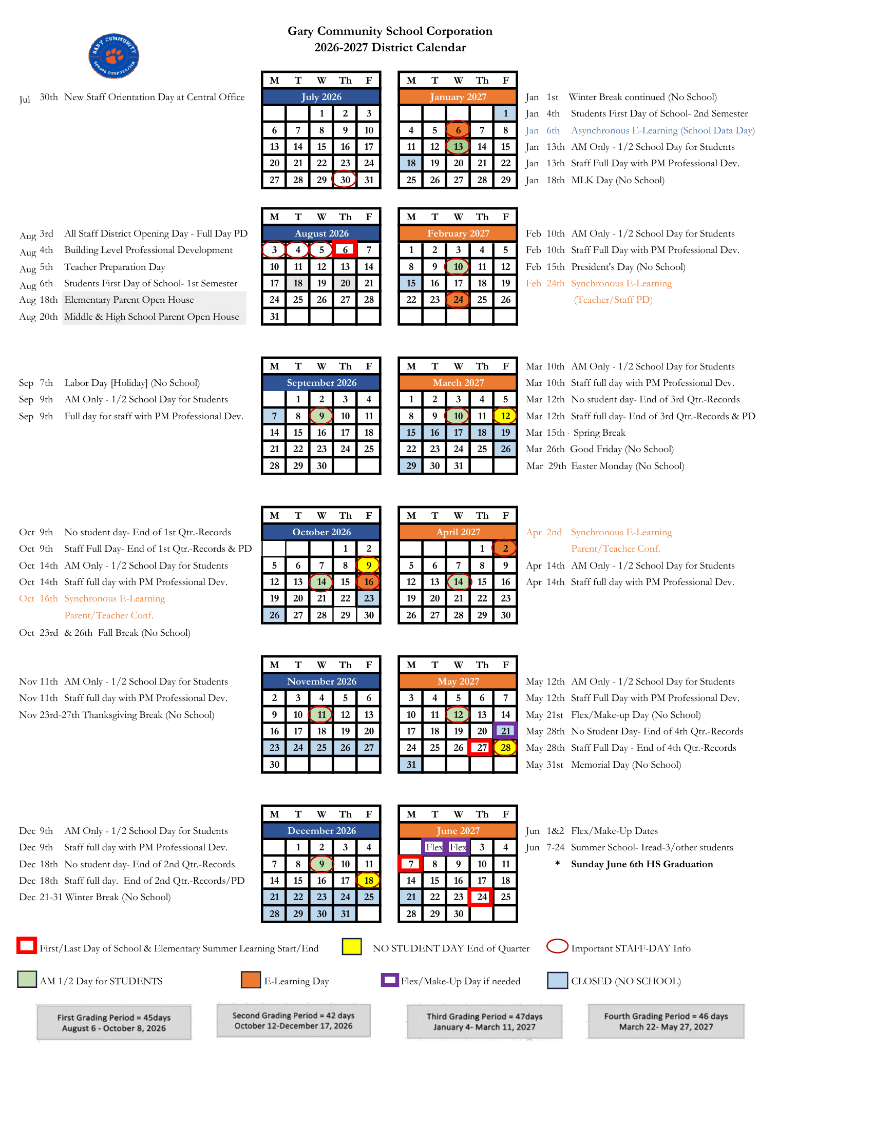Gary Community School Corporation Calendar 26-27 Revised