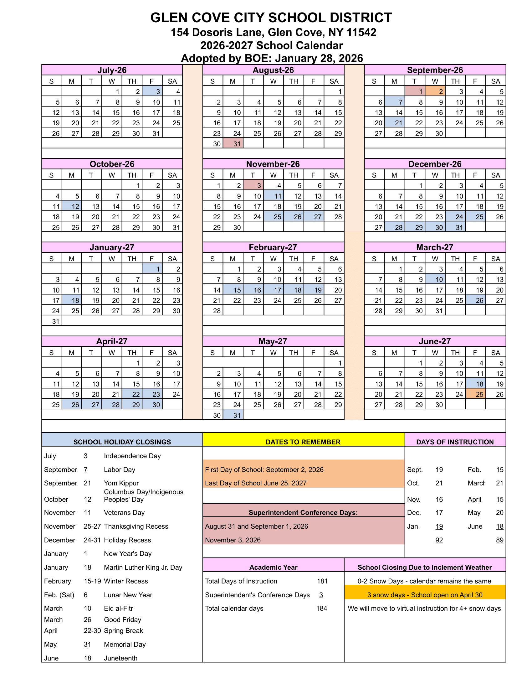 Glen Cove City School District Calendar 26-27 Revised