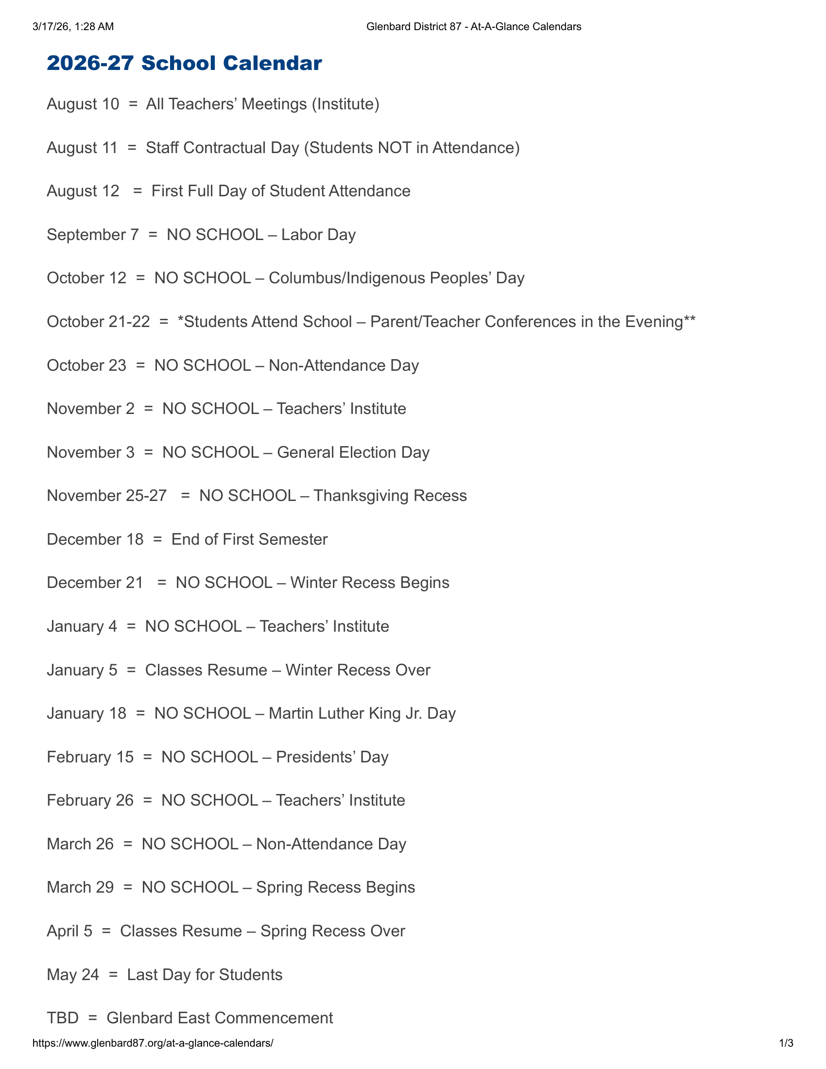 Glenbard District 87 Calendar 26-27 Revised