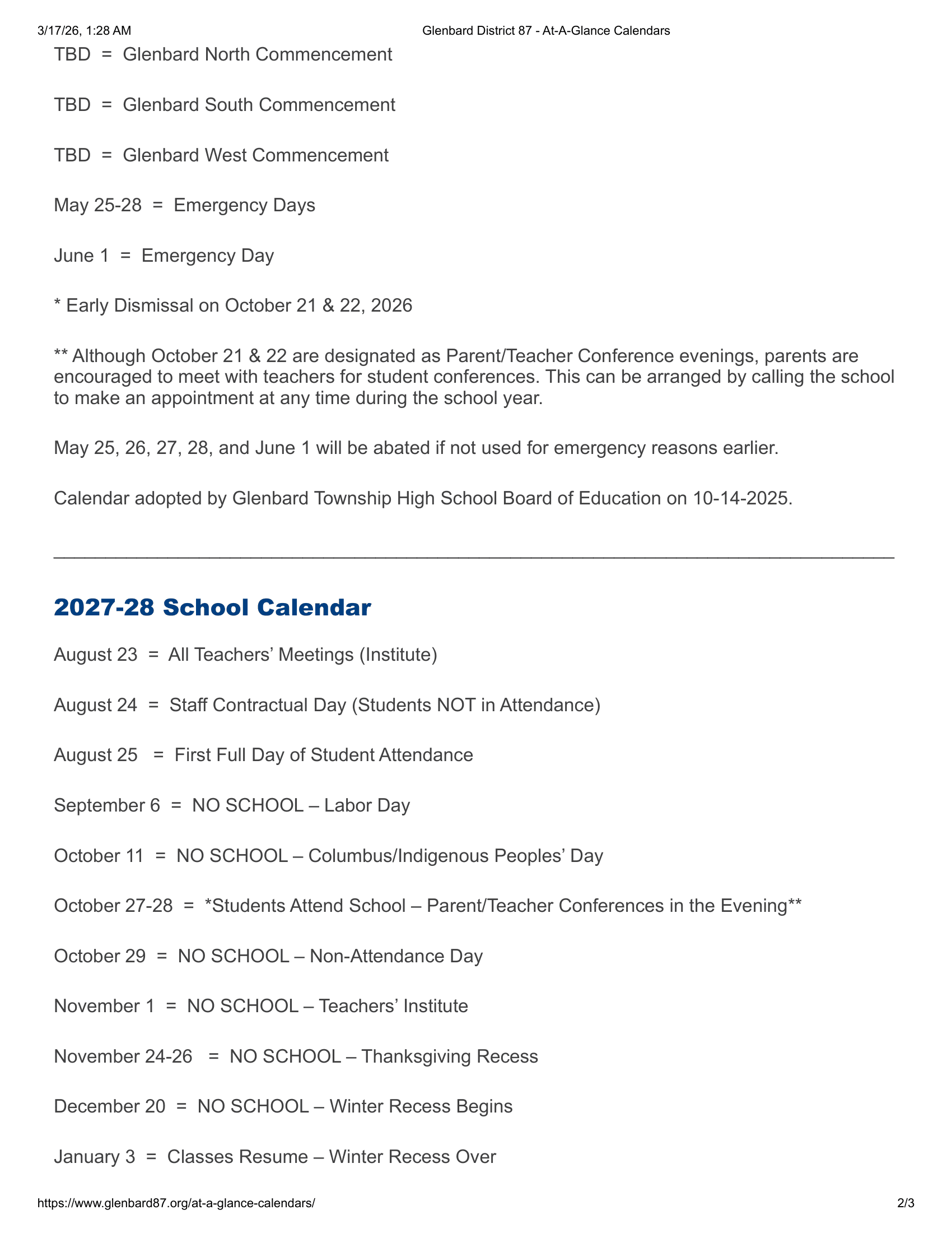 Glenbard District 87 Calendar 26-27 Revised
