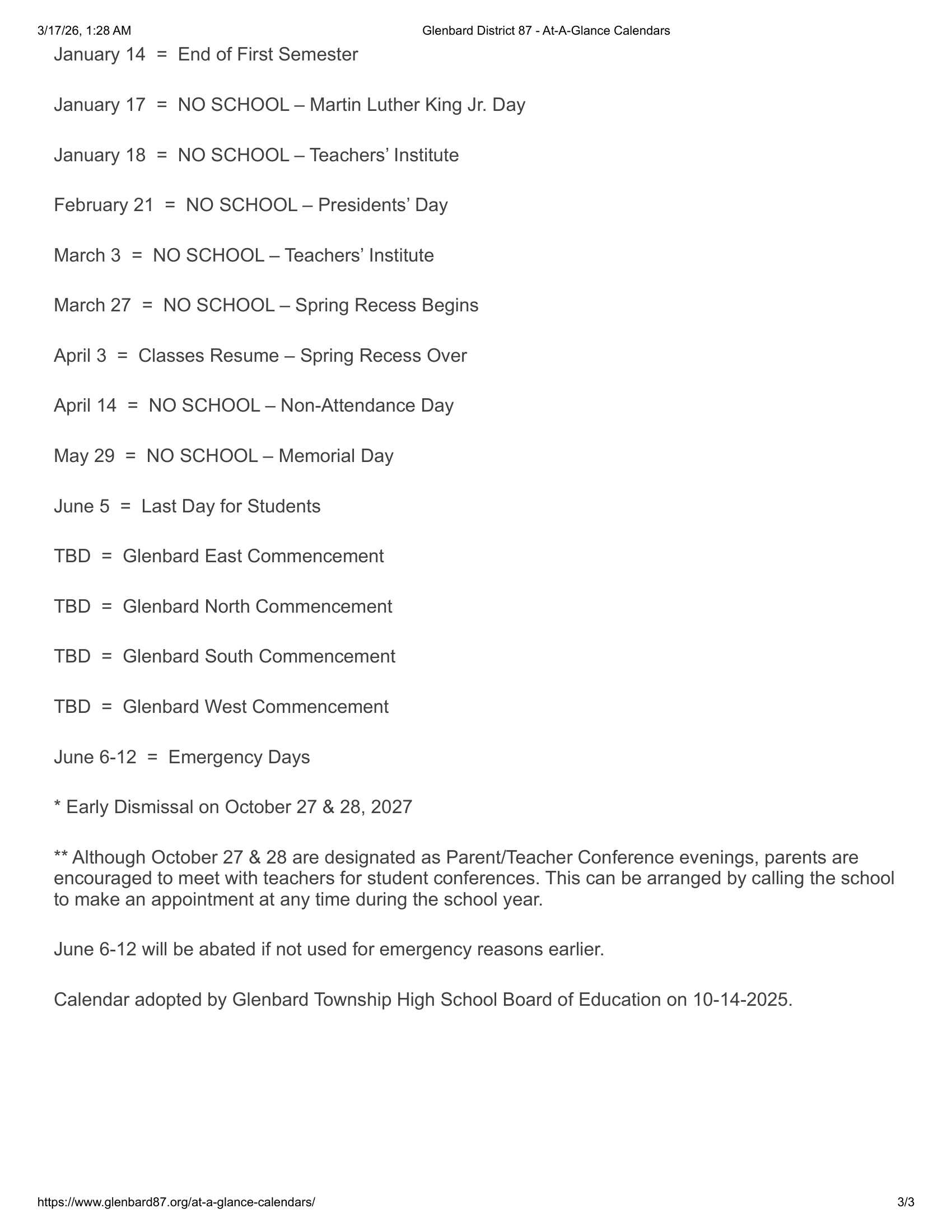 Glenbard District 87 Calendar 26-27 Revised