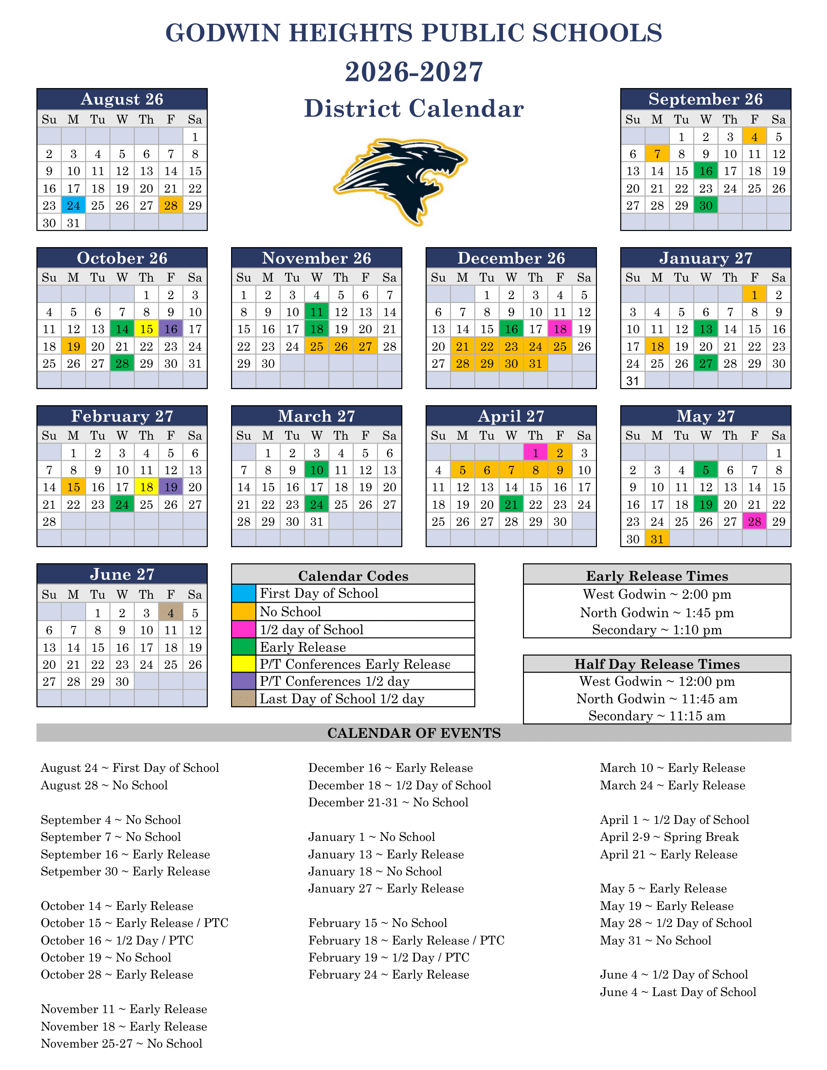 Godwin Heights Public Schools Calendar 26-27 Revised