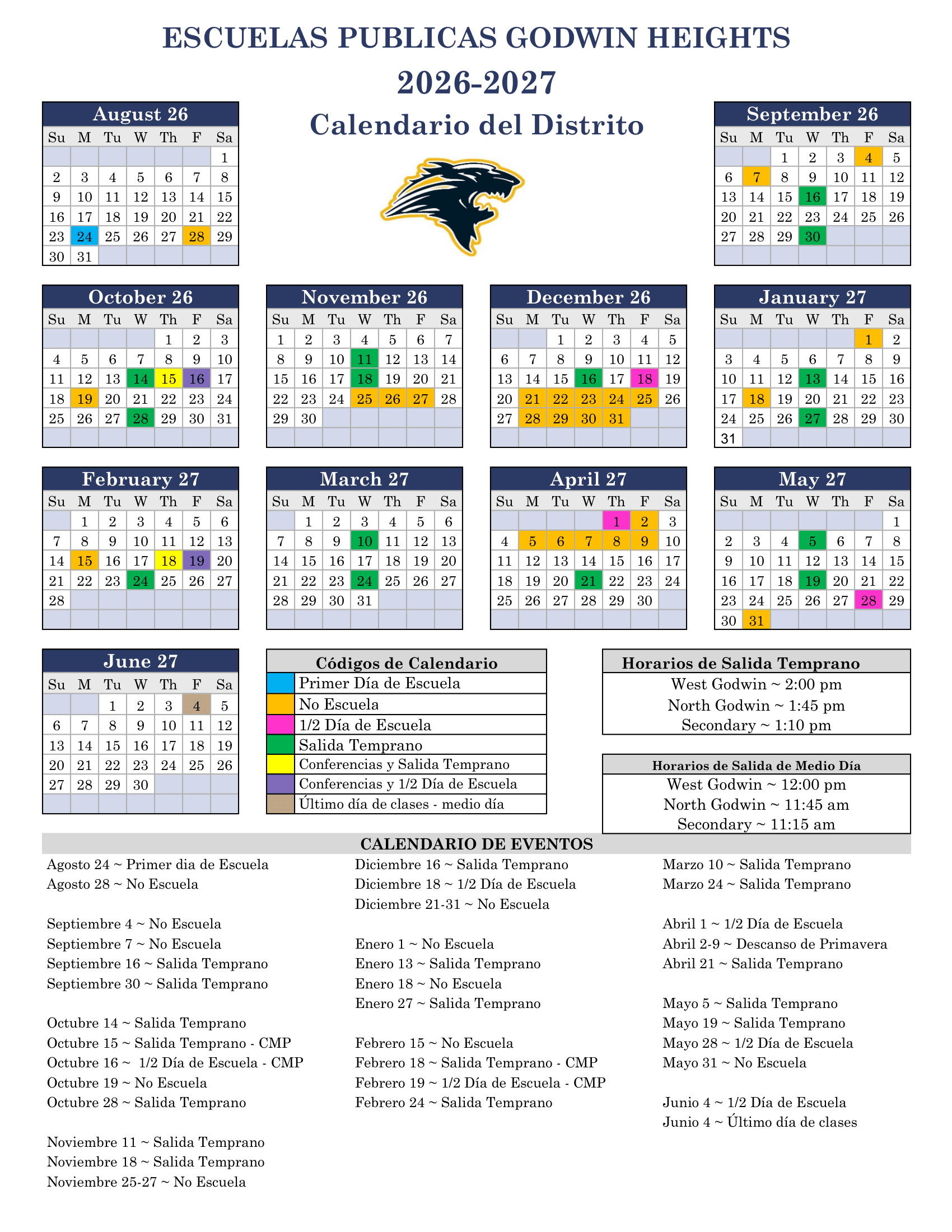 Godwin Heights Public Schools Calendar 26-27 Revised