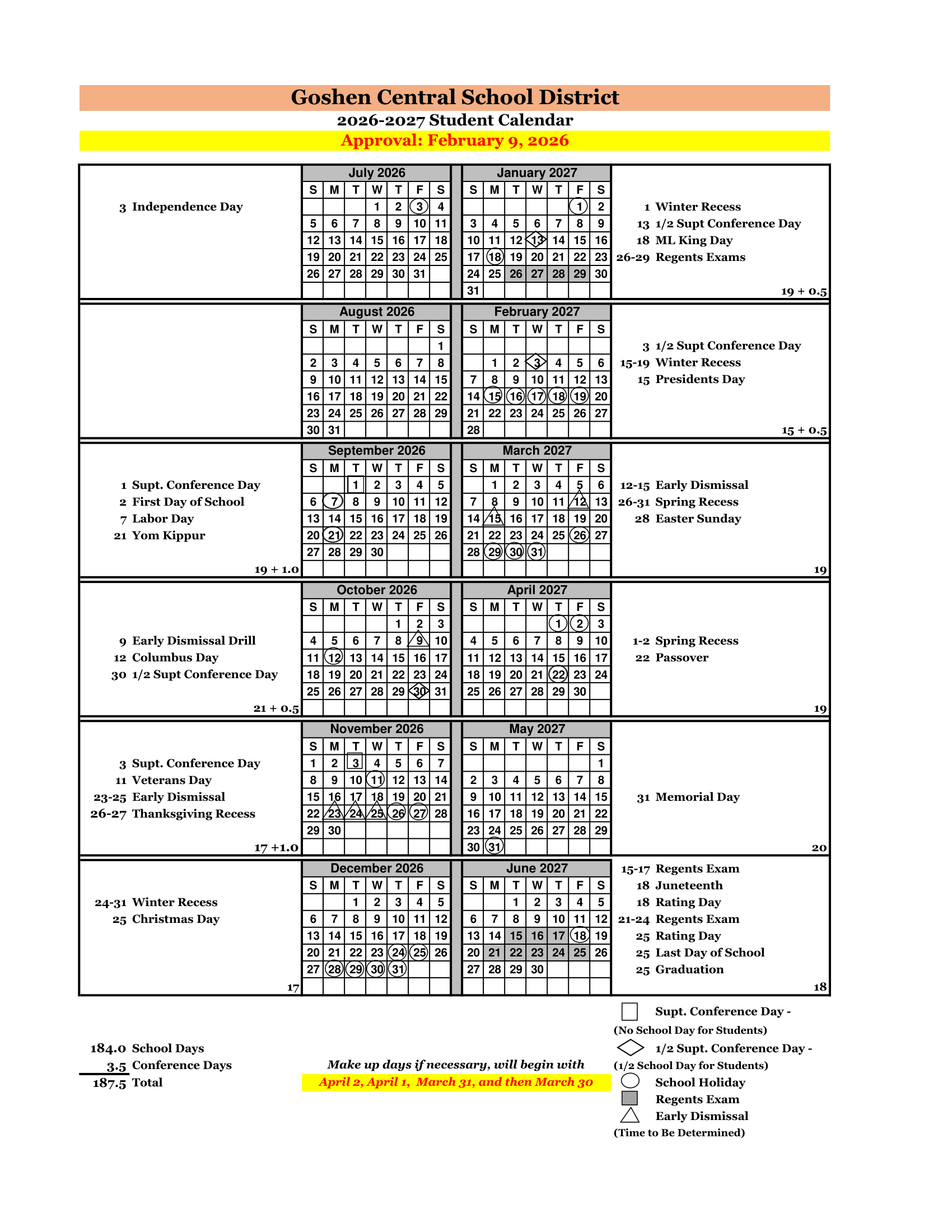 Goshen Central School District Calendar 26-27 Revised