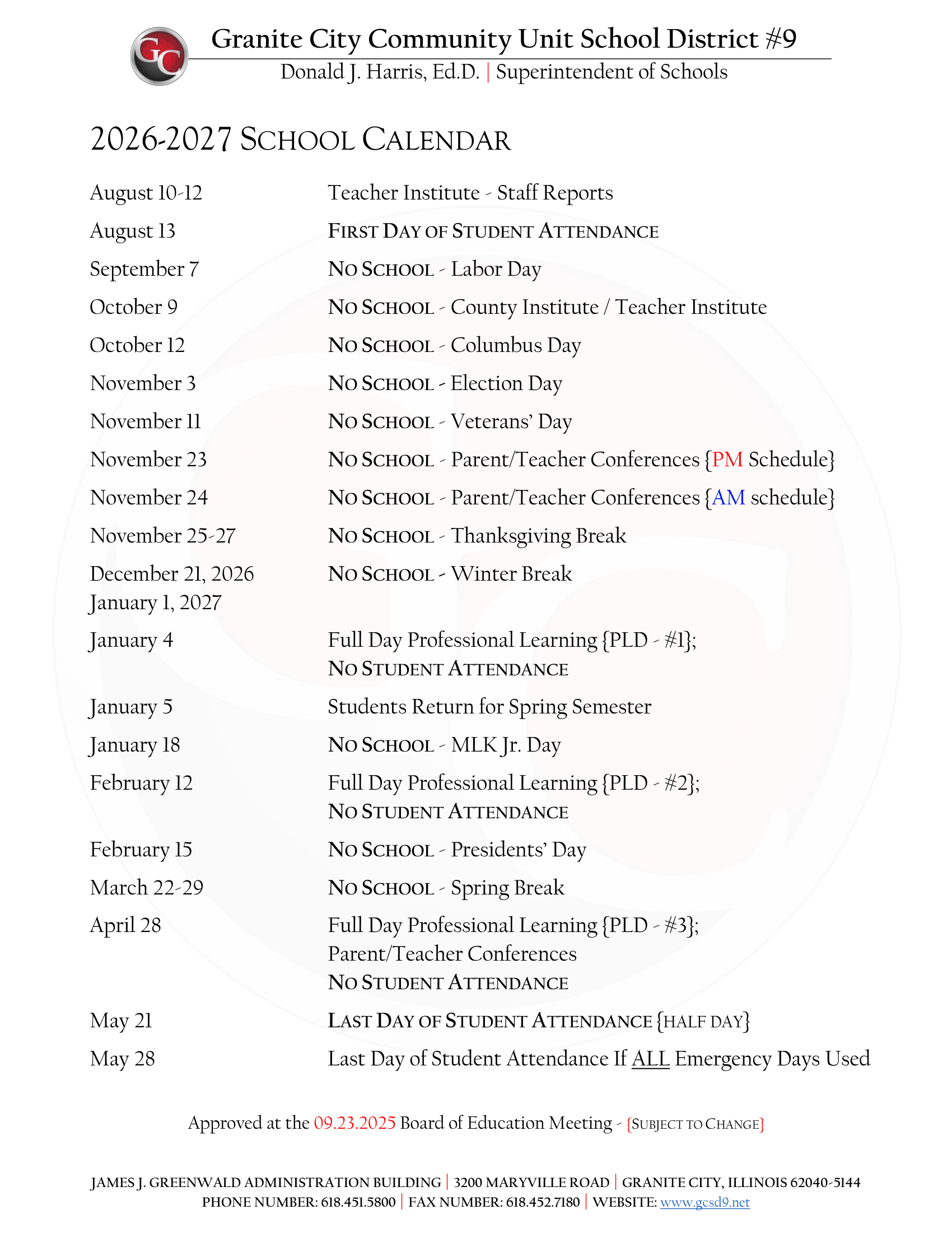 Granite City cusd #9 Calendar 26-27 Revised