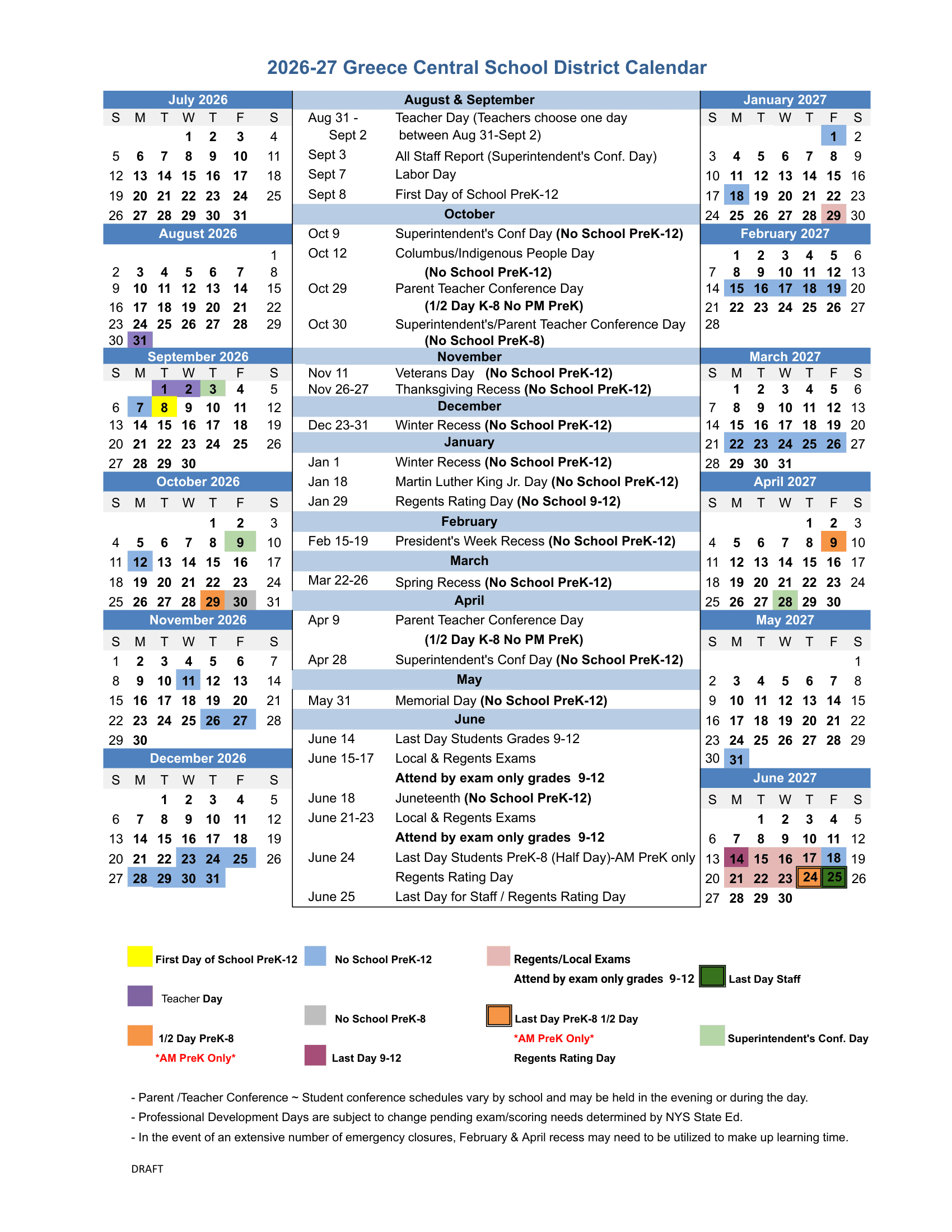 Greece Central School District Calendar 26-27 Revised