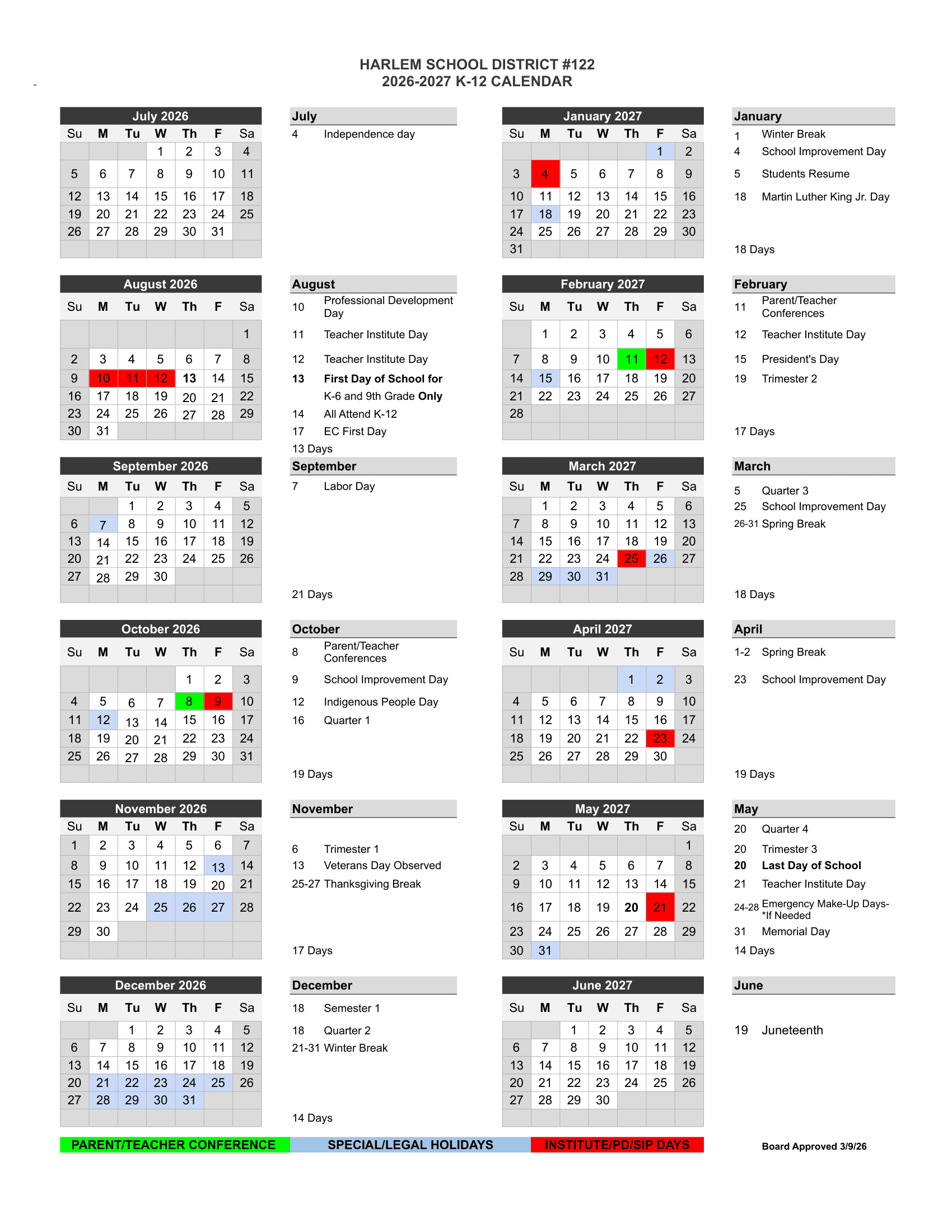 HARLEM SCHOOL DISTRICT #122 Calendar 26-27 Revised