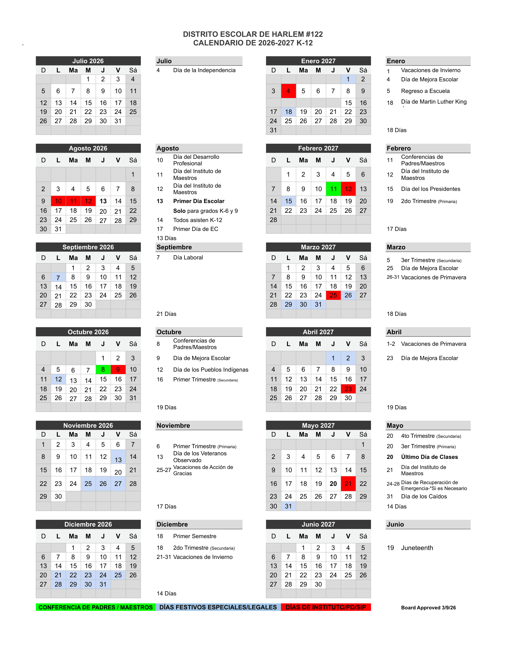 HARLEM SCHOOL DISTRICT #122 Calendar 26-27 Revised