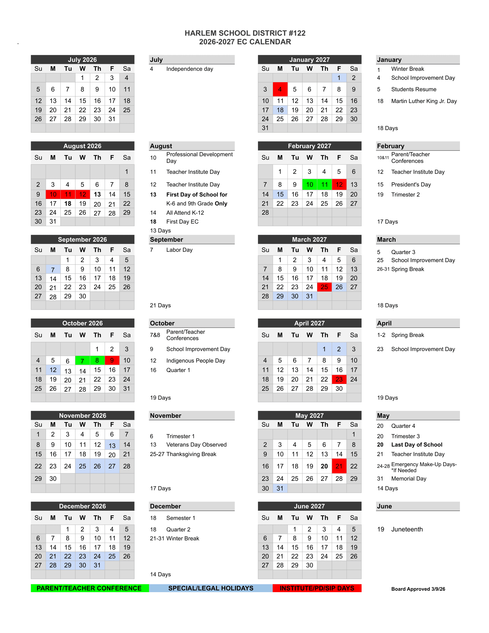 HARLEM SCHOOL DISTRICT #122 Calendar 26-27 Revised