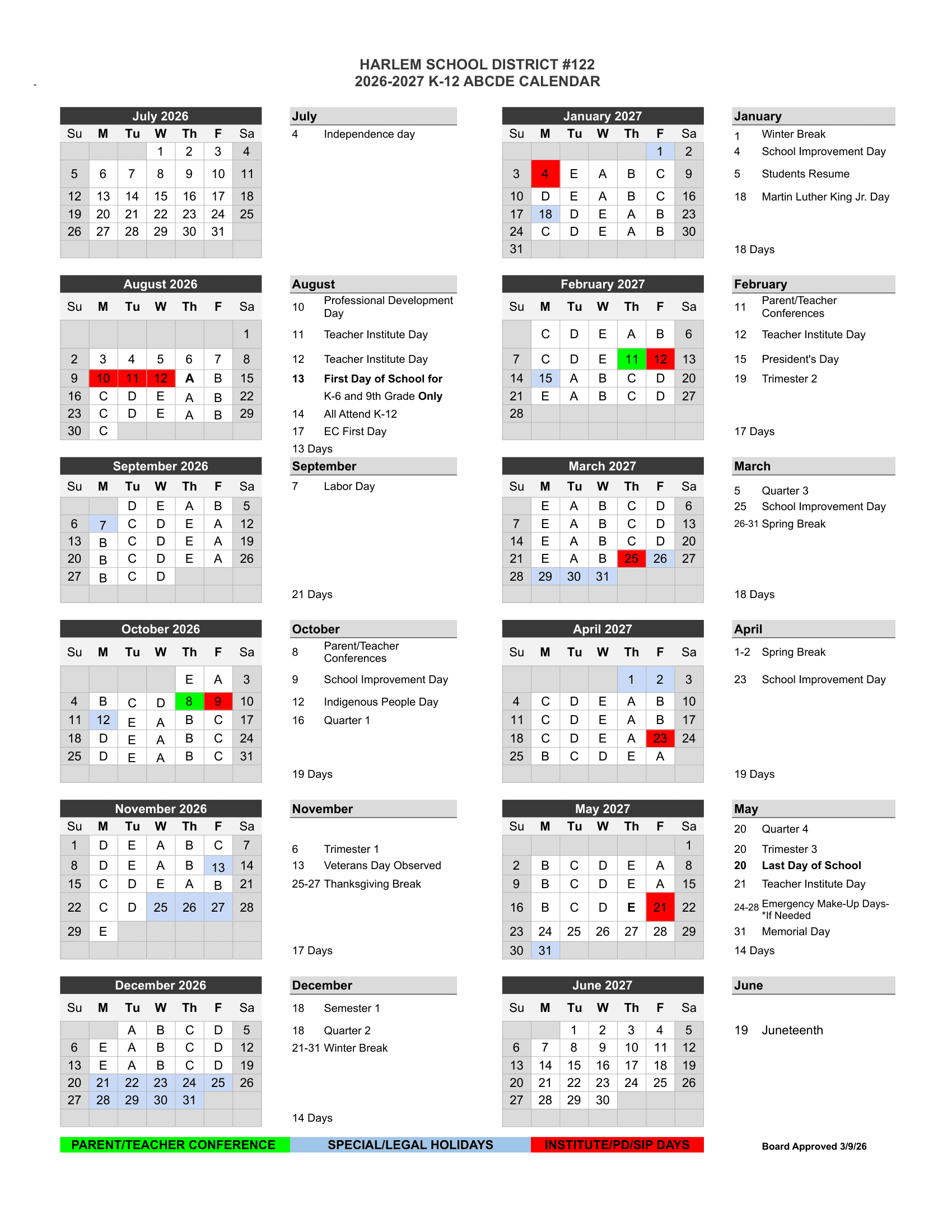 HARLEM SCHOOL DISTRICT #122 Calendar 26-27 Revised